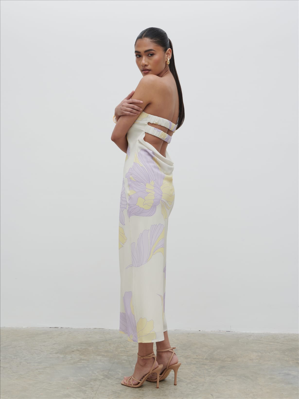Heather Bandeau Midaxi Dress - Purple and Beige Floral