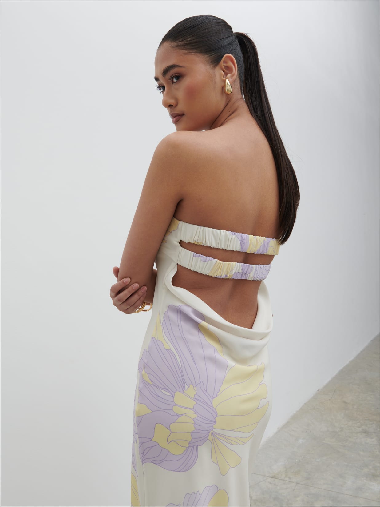 Heather Bandeau Midaxi Dress - Purple and Beige Floral