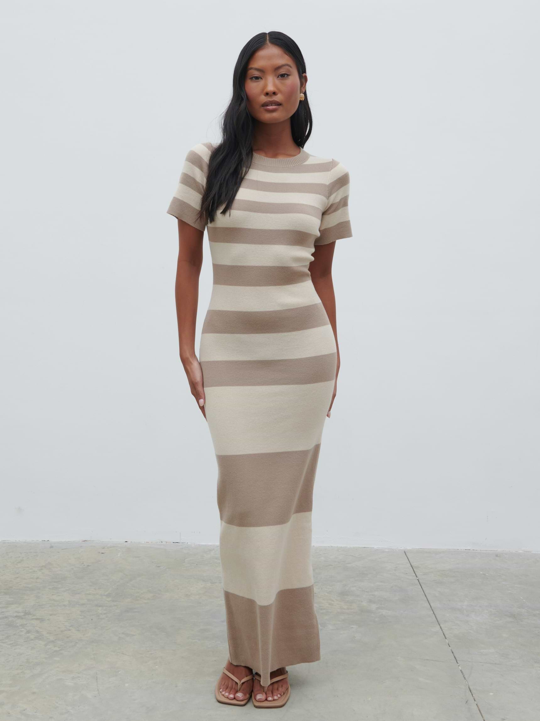 Heidi Stripe Knit Dress - Stone and Taupe
