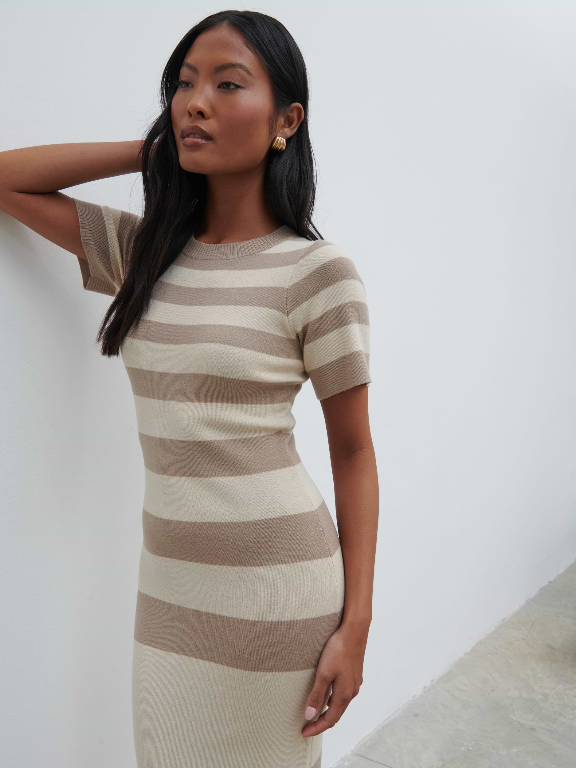 Heidi Stripe Knit Dress - Stone and Taupe