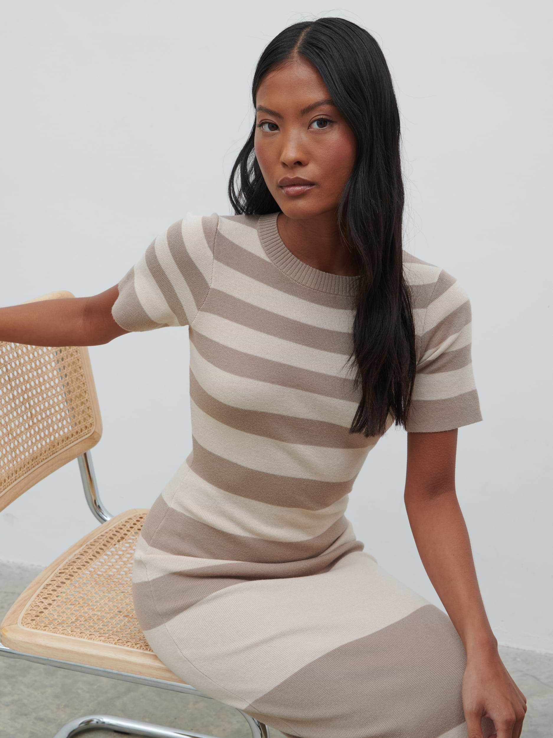 Heidi Stripe Knit Dress - Stone and Taupe