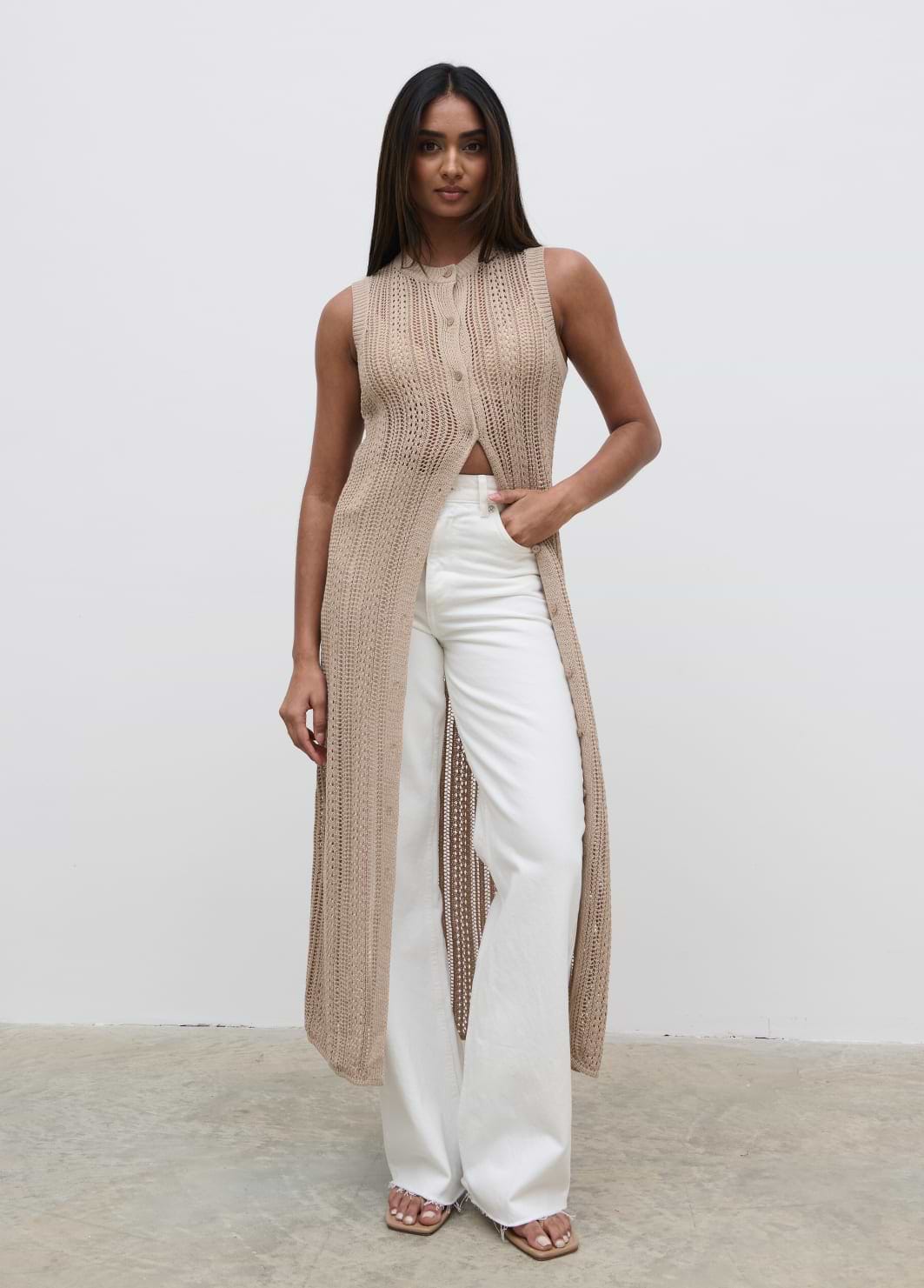 Helen Longline Open Knit Cardigan - beige
