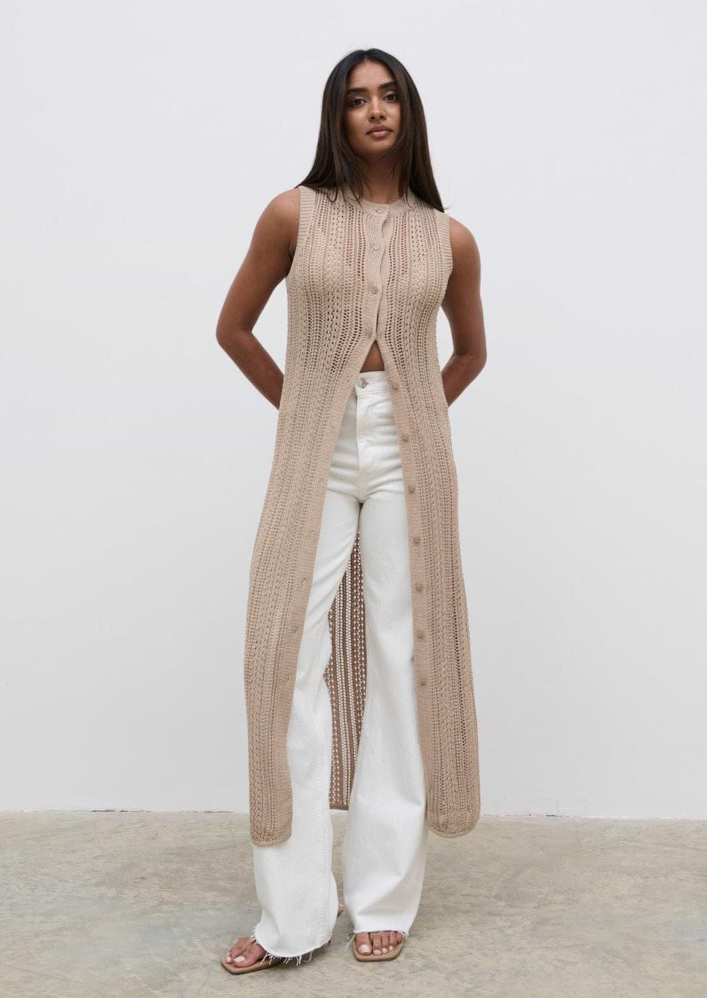 Helen Longline Open Knit Cardigan - beige