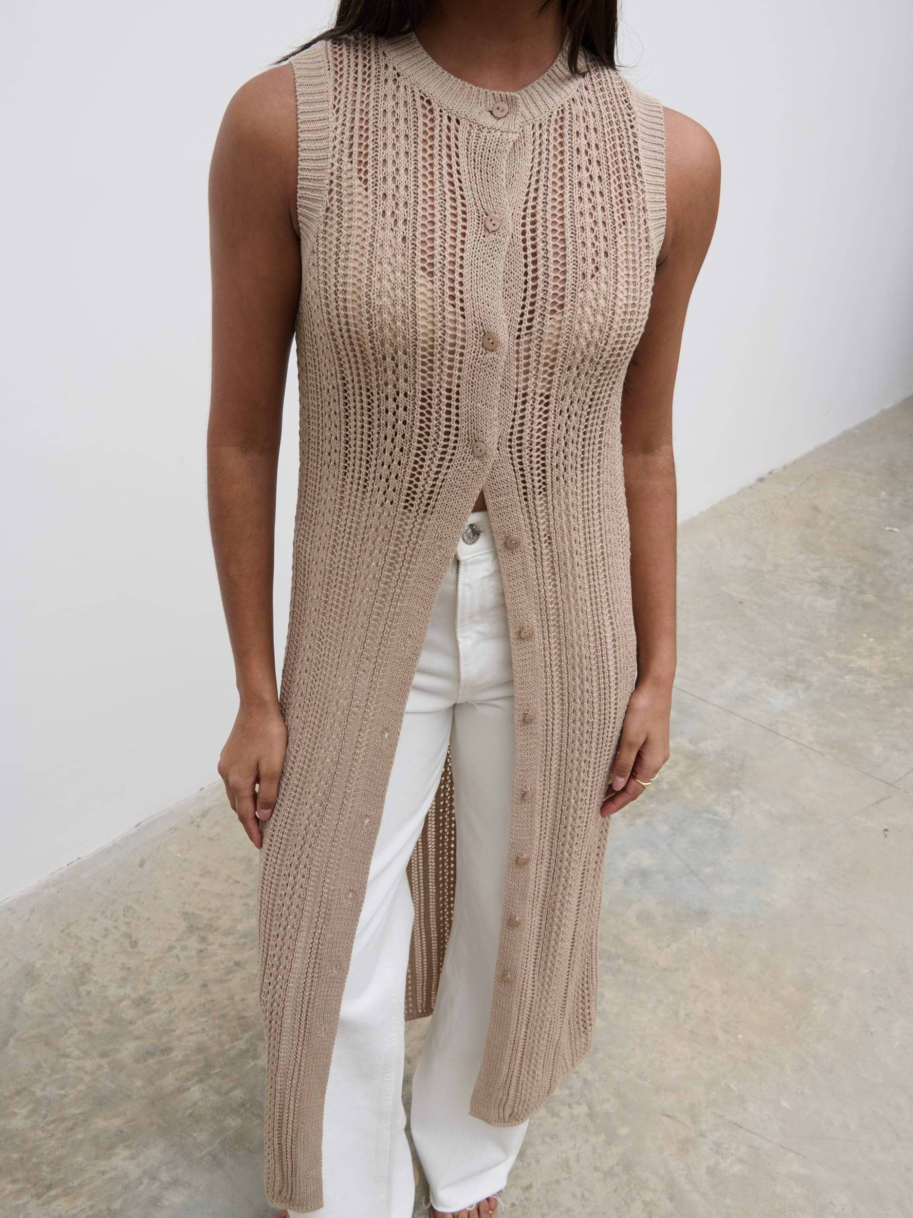 Helen Longline Open Knit Cardigan - beige