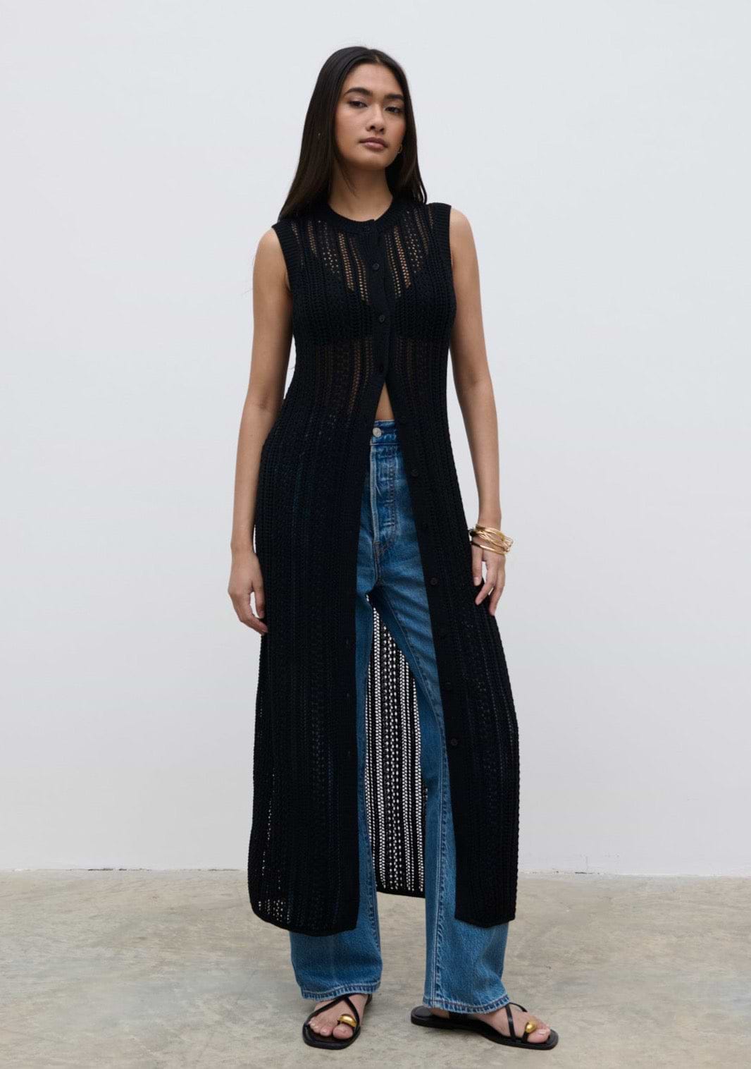 Helen Longline Open Knit Cardigan - Black
