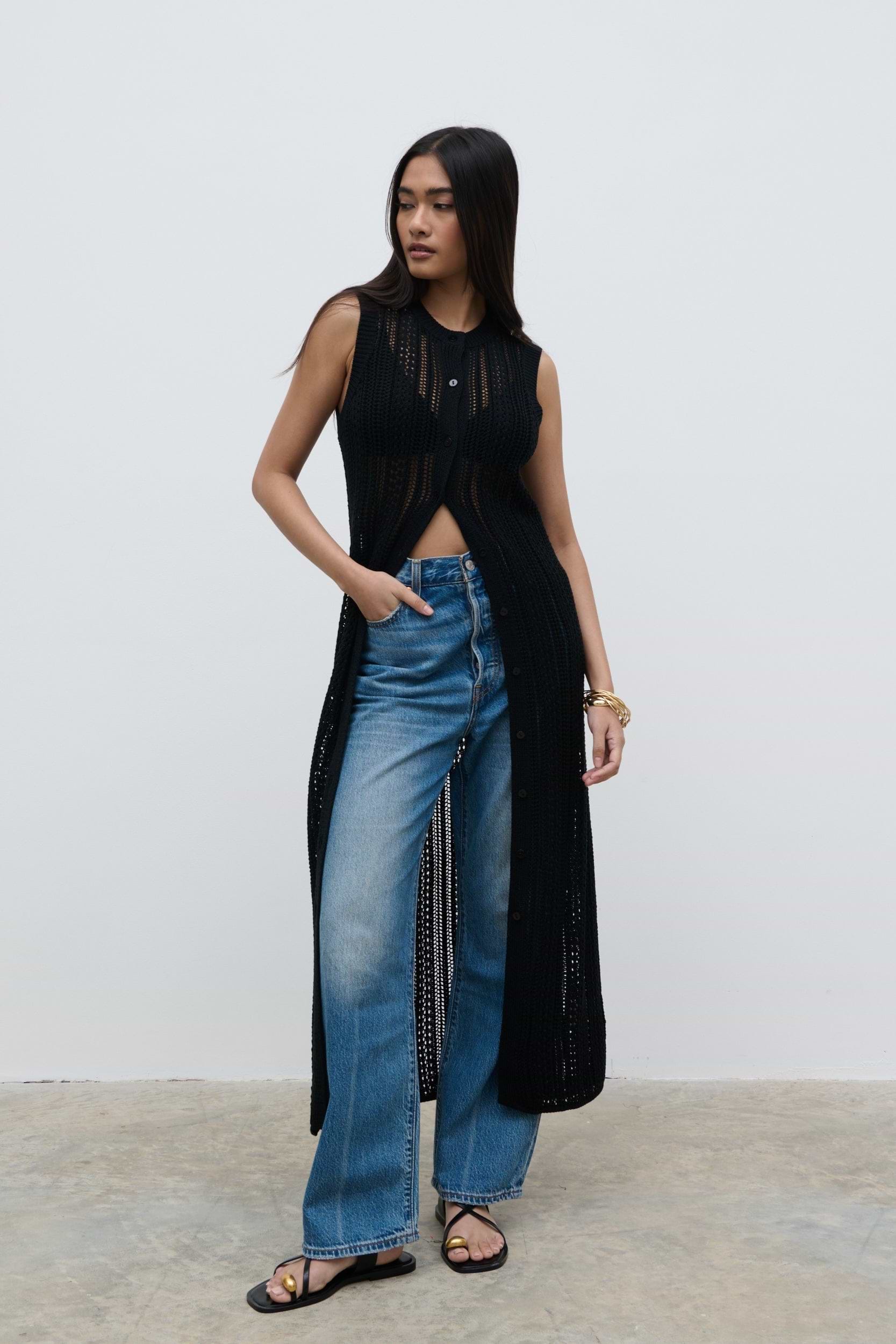 Helen Longline Open Knit Cardigan - Black