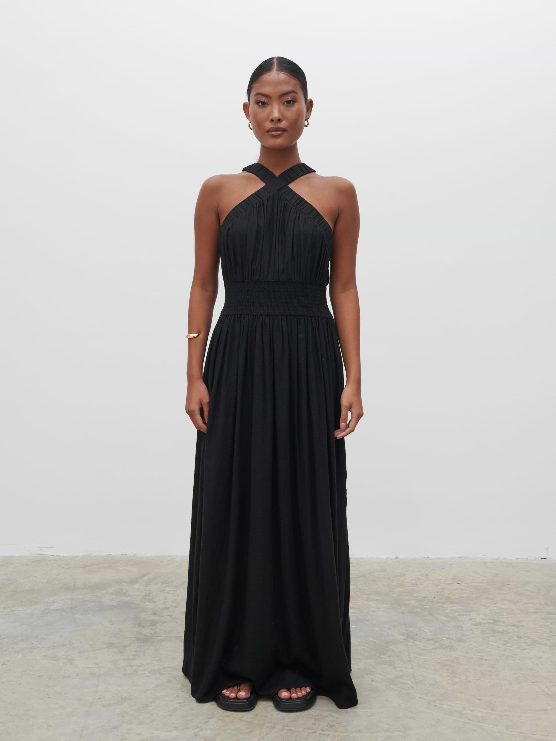 Hollie Shirred Maxi Dress - Black