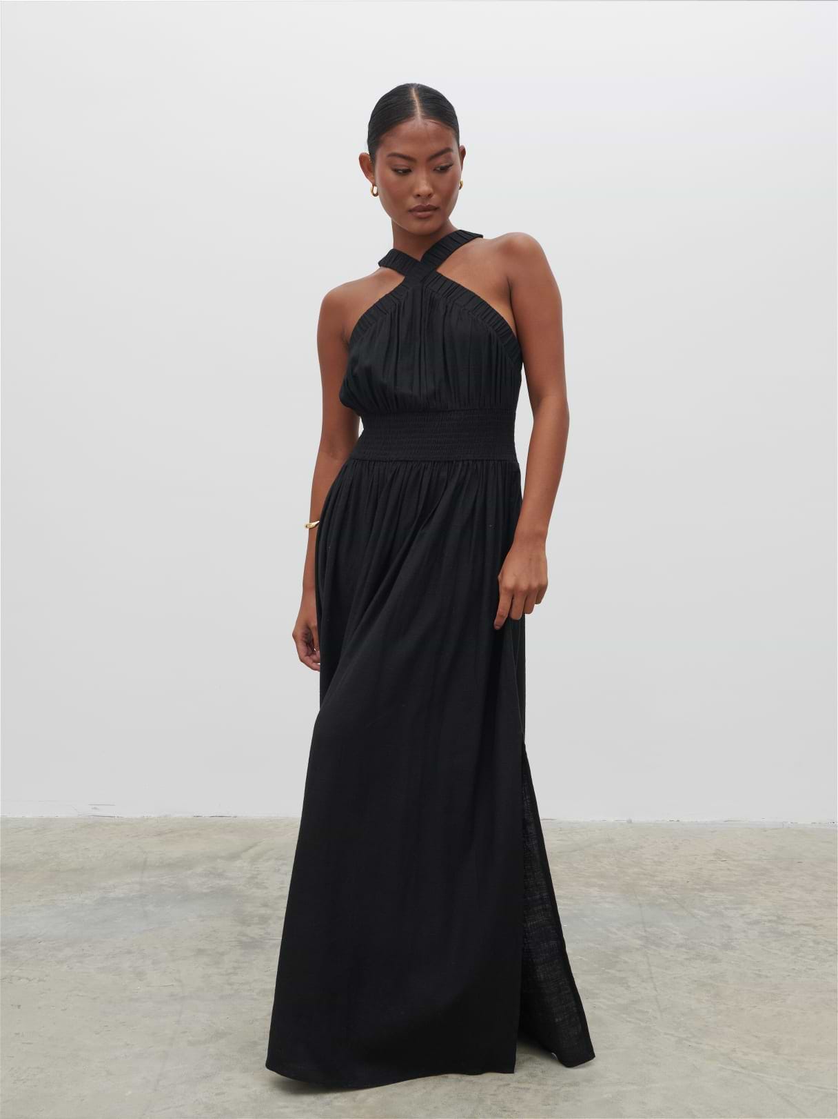 Hollie Shirred Maxi Dress - Black
