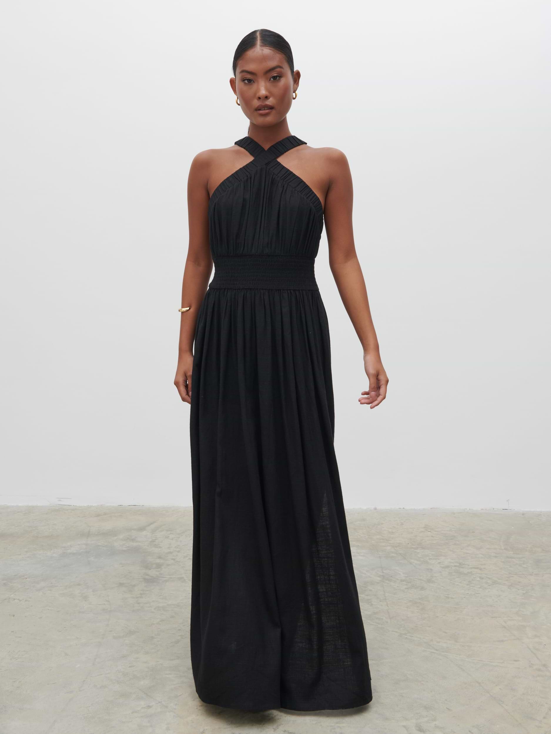 Hollie Shirred Maxi Dress - Black