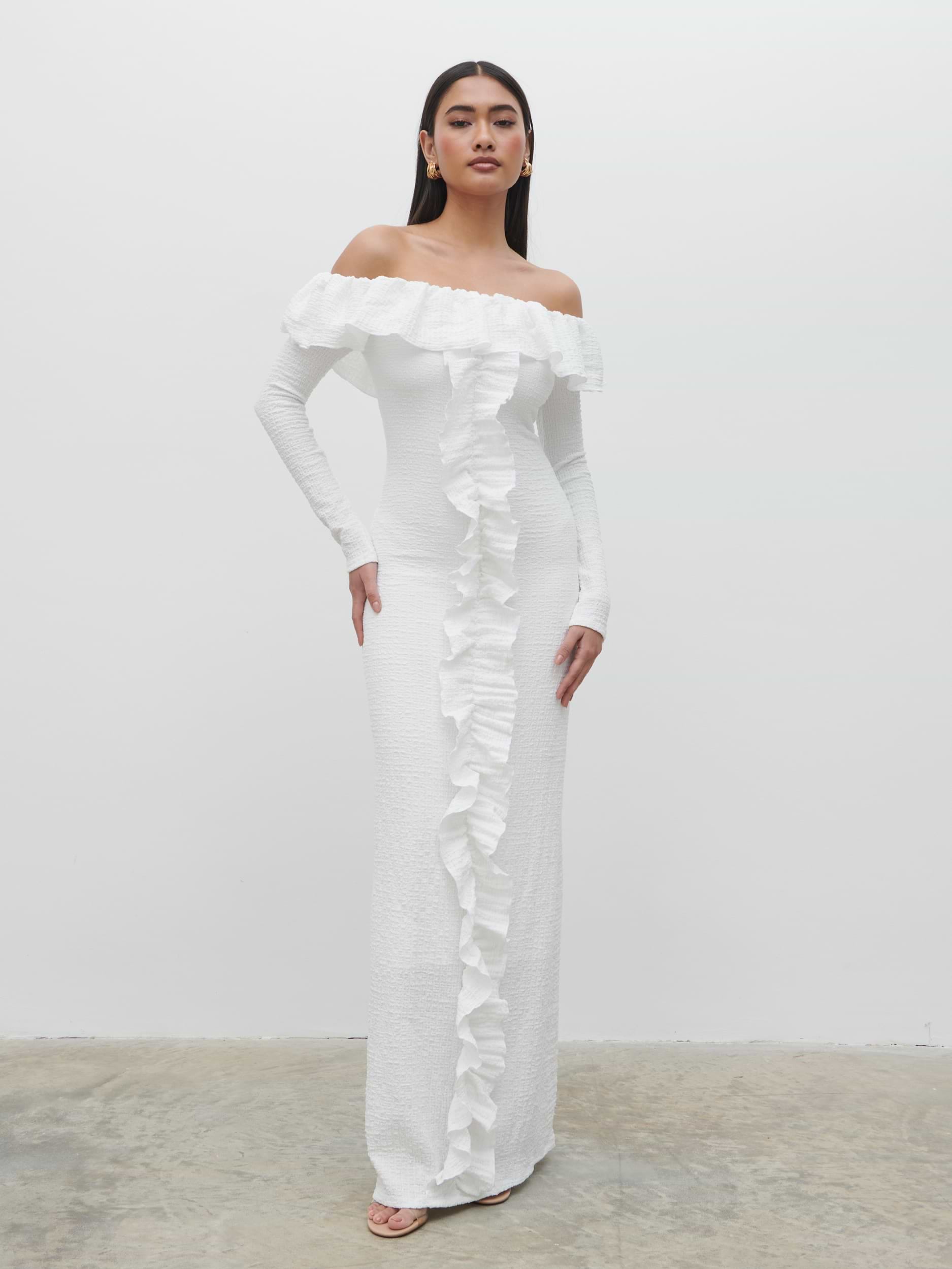 Hope Bardot Ruffle Jersey Maxi Dress - Cream