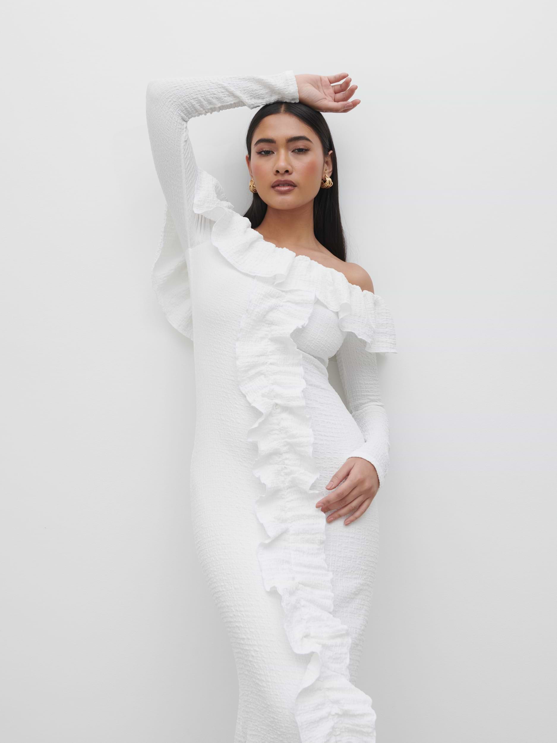 Hope Bardot Ruffle Jersey Maxi Dress - Cream