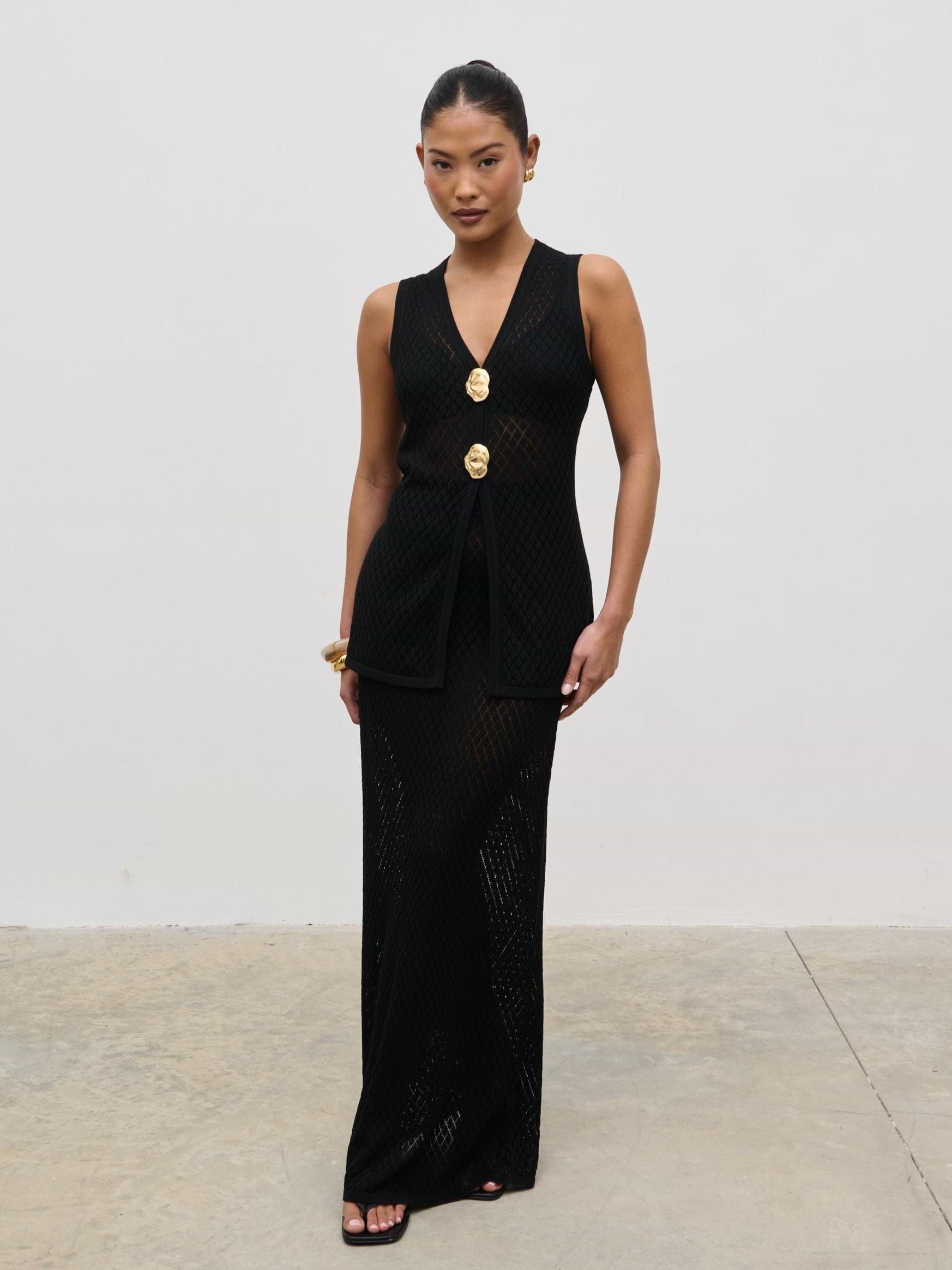 Imani Pointelle Knit Maxi Skirt - Black