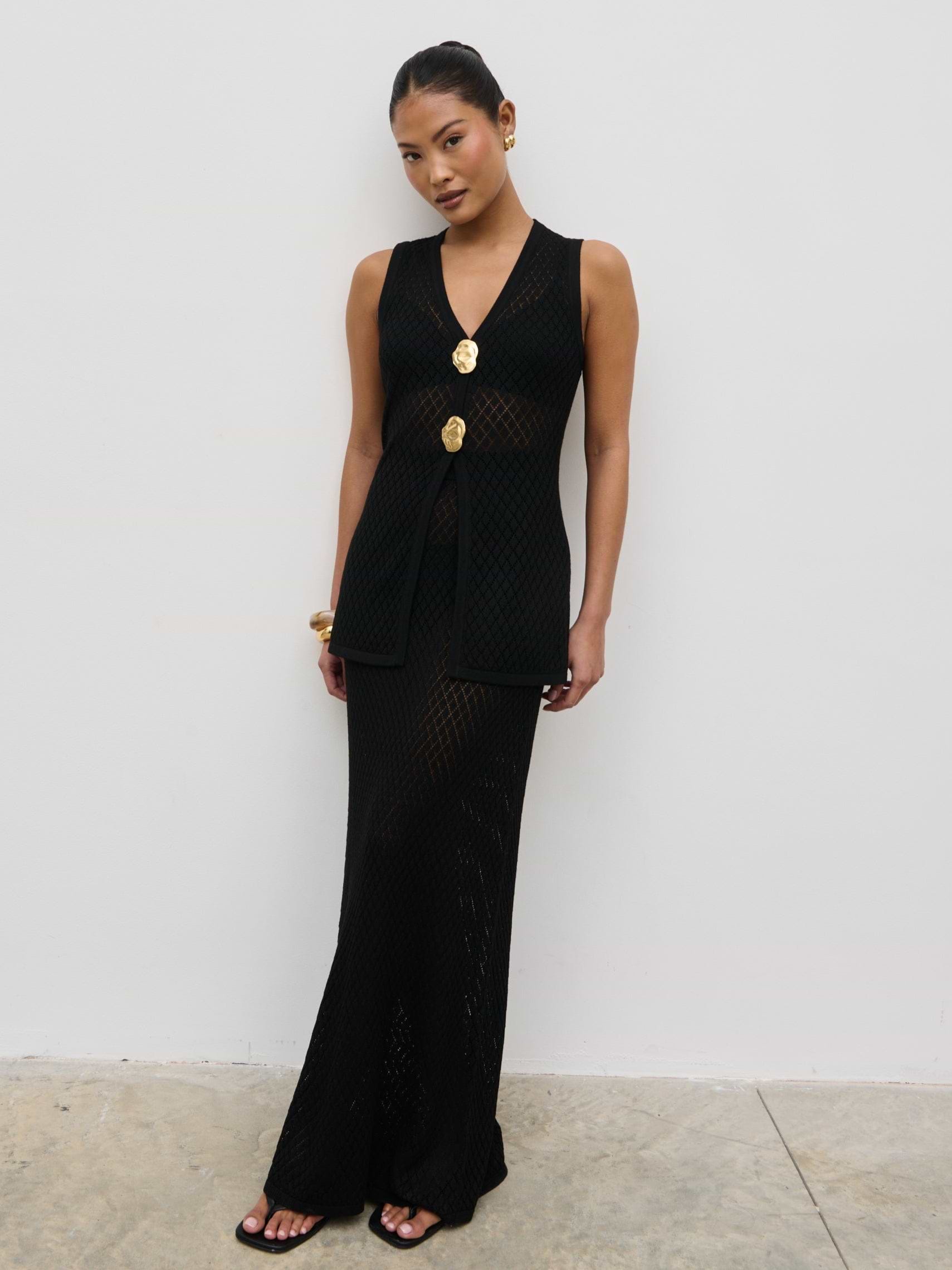 Imani Pointelle Knit Maxi Skirt - Black