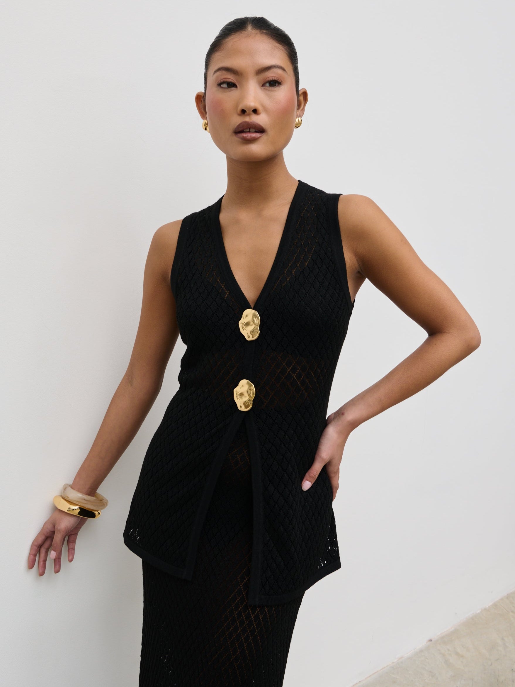Imani Pointelle Knit Waistcoat - Black