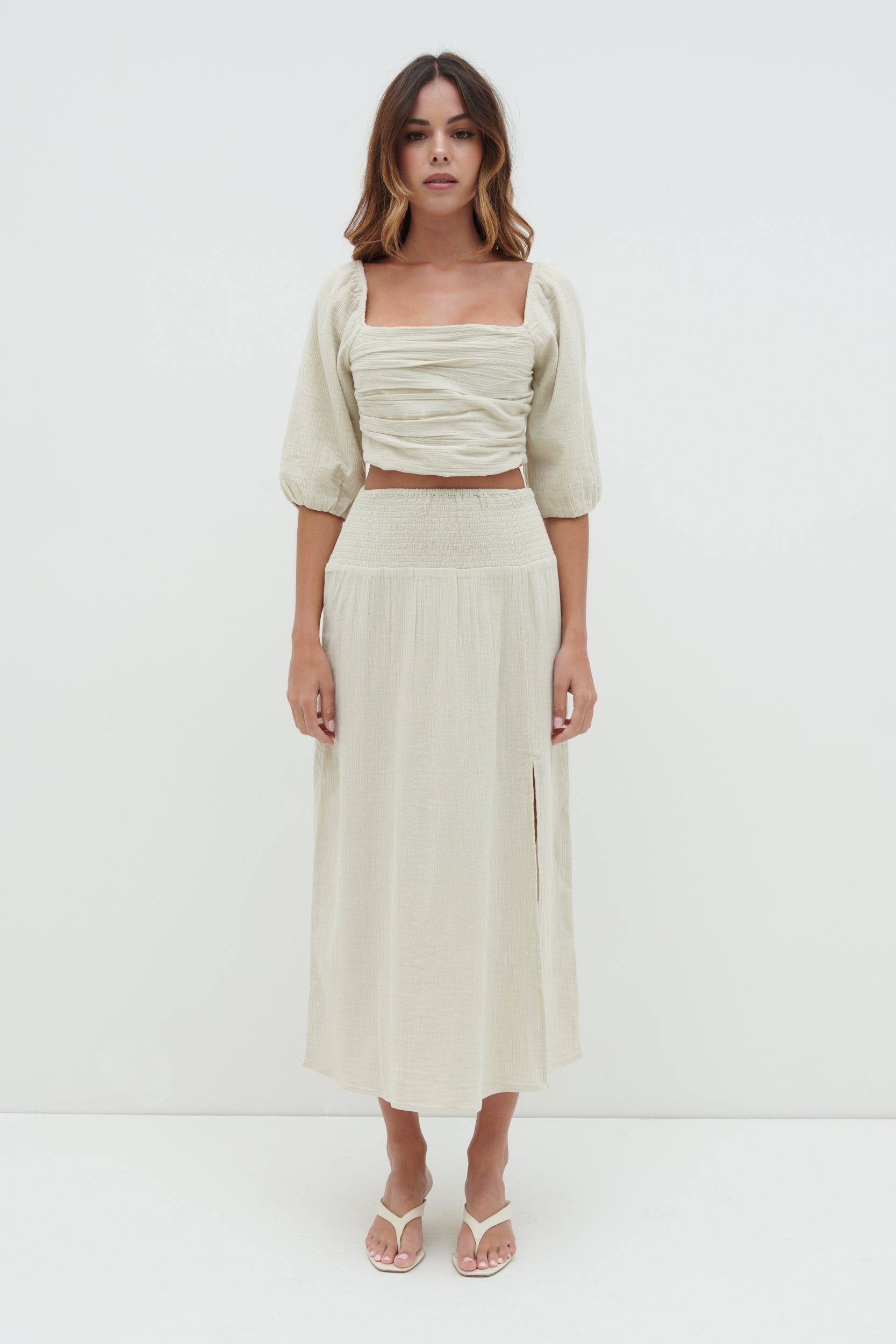 Ingrid Ruched Puff Sleeve Blouse - Beige