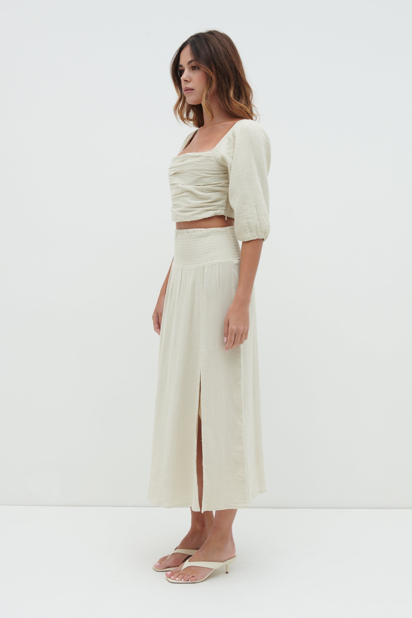 Ingrid Ruched Puff Sleeve Blouse - Beige