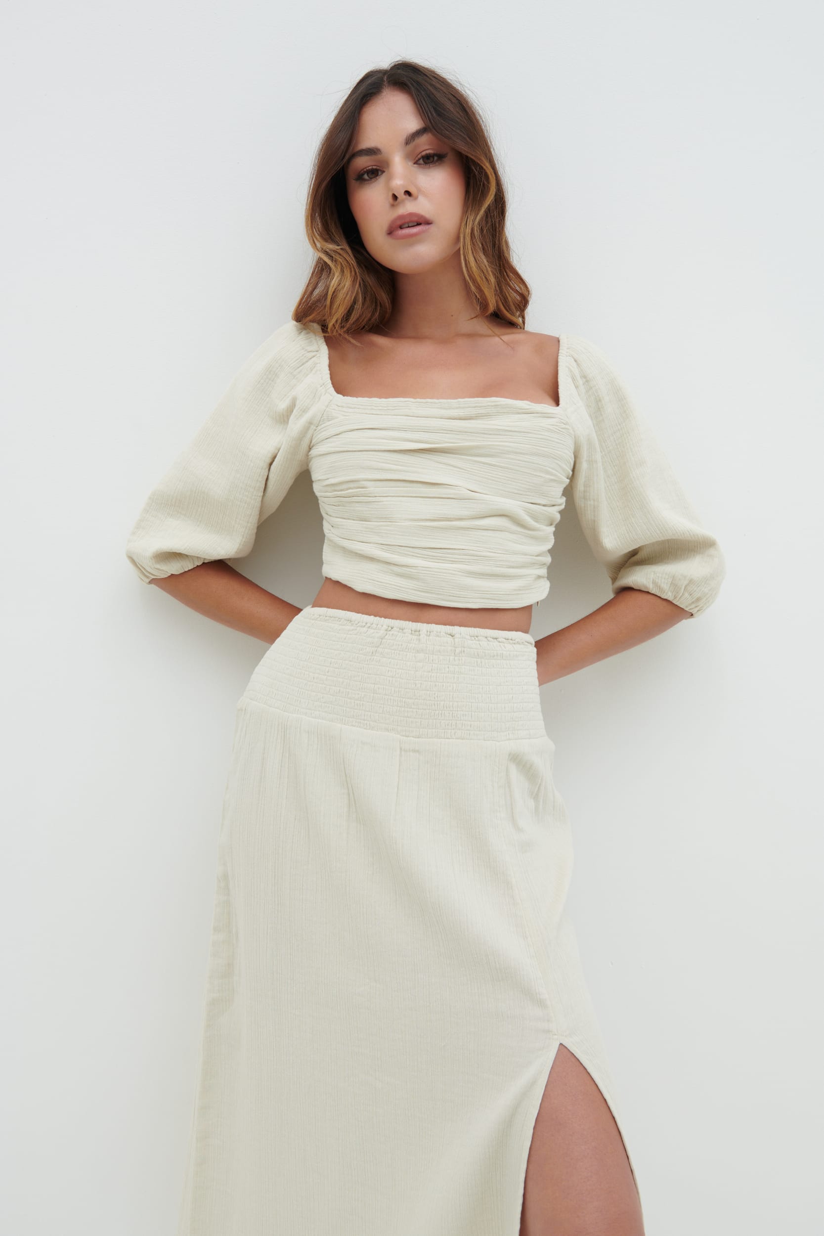 Ingrid Ruched Puff Sleeve Blouse - Beige