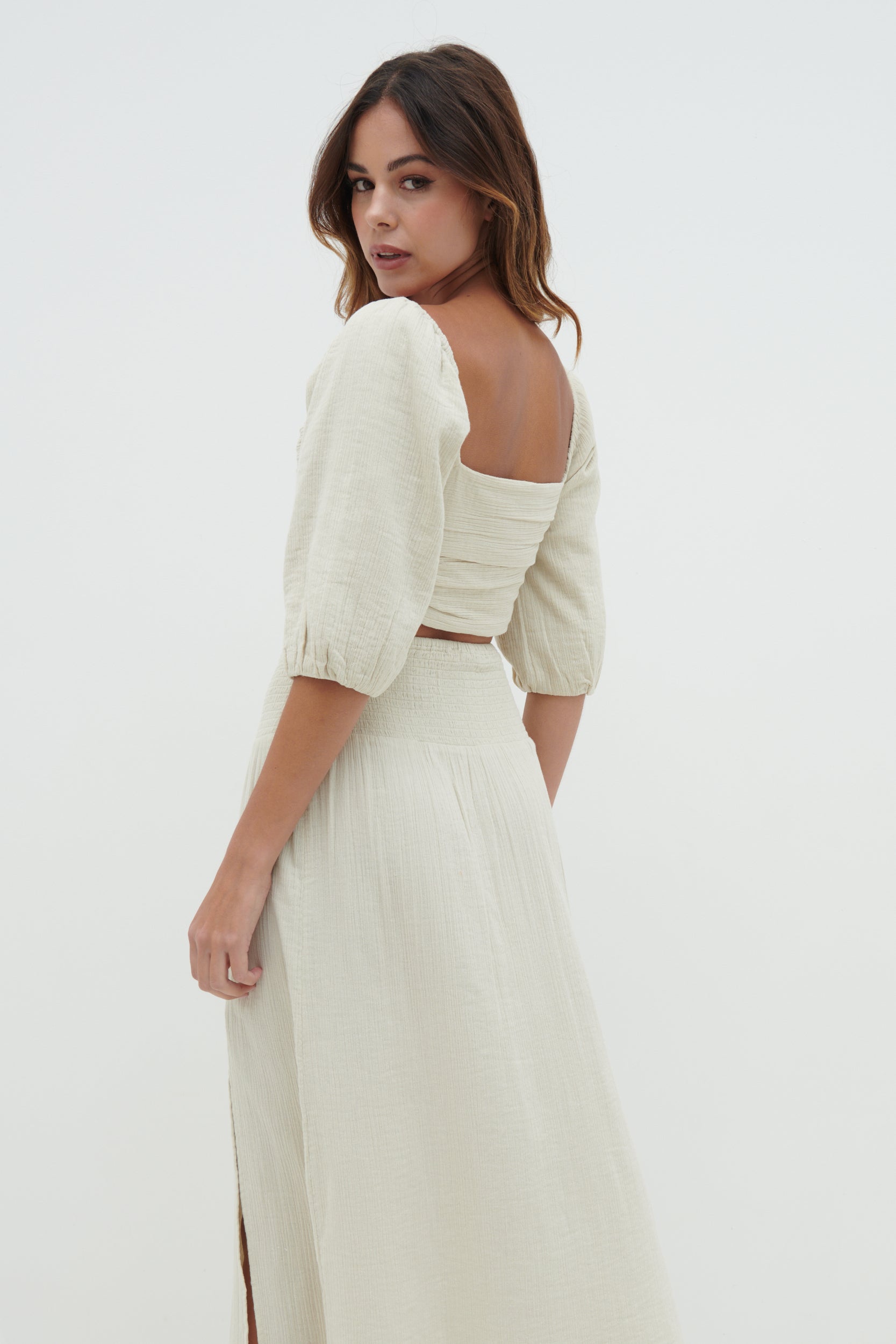 Ingrid Ruched Puff Sleeve Blouse - Beige