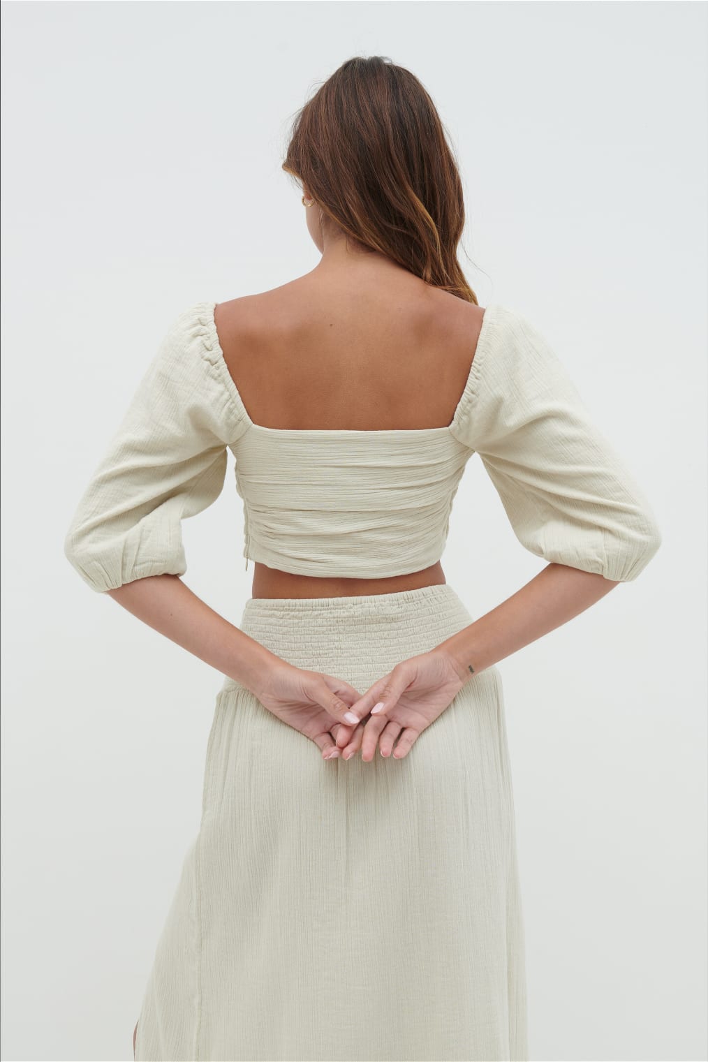 Ingrid Ruched Puff Sleeve Blouse - Beige