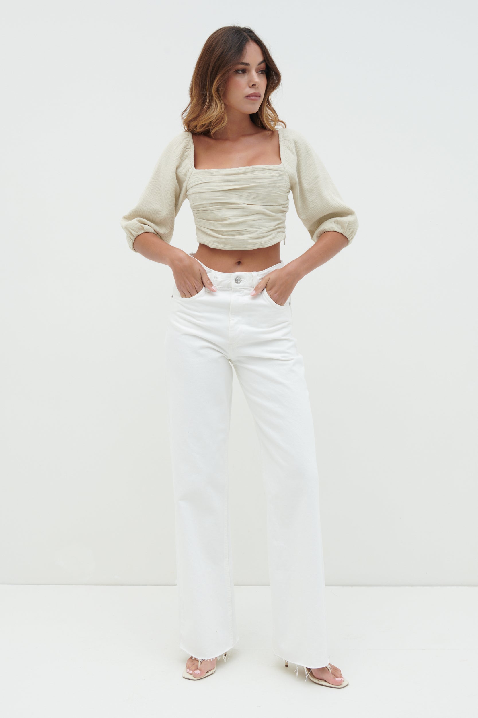 Ingrid Ruched Puff Sleeve Blouse - Beige