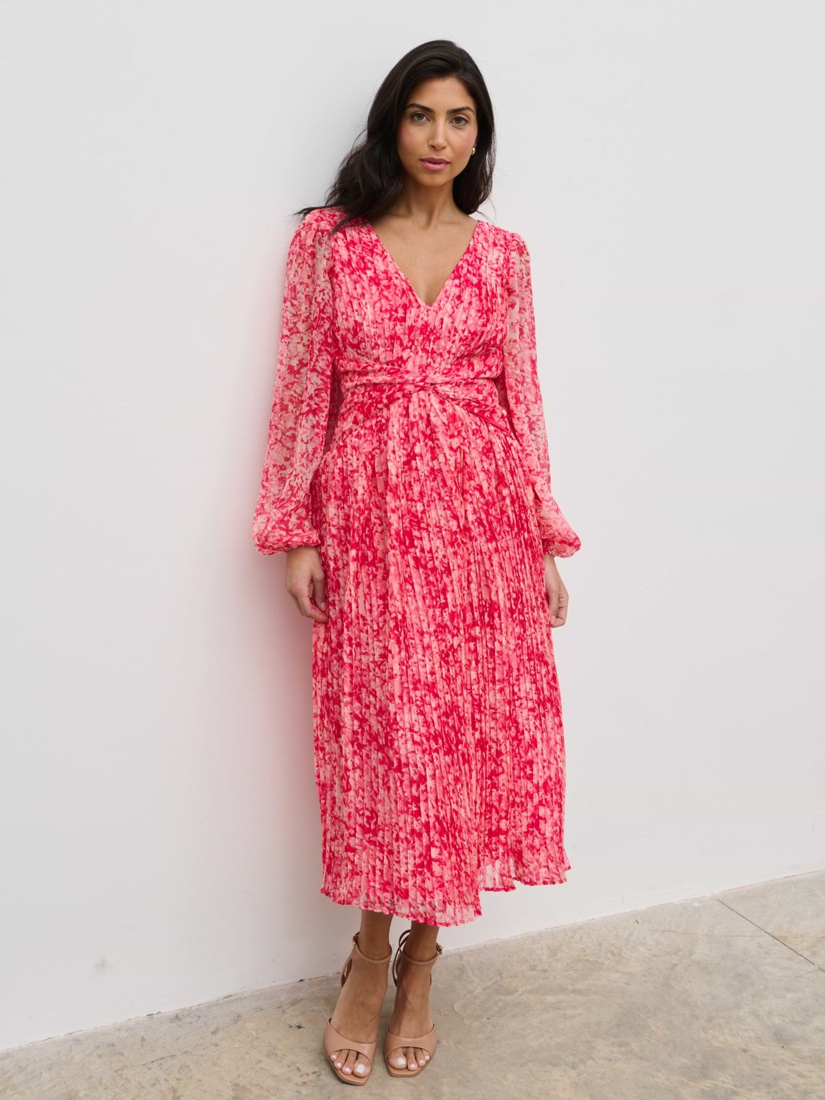 Jade Pleated Midaxi Dress - Pink Multi Abstract Print