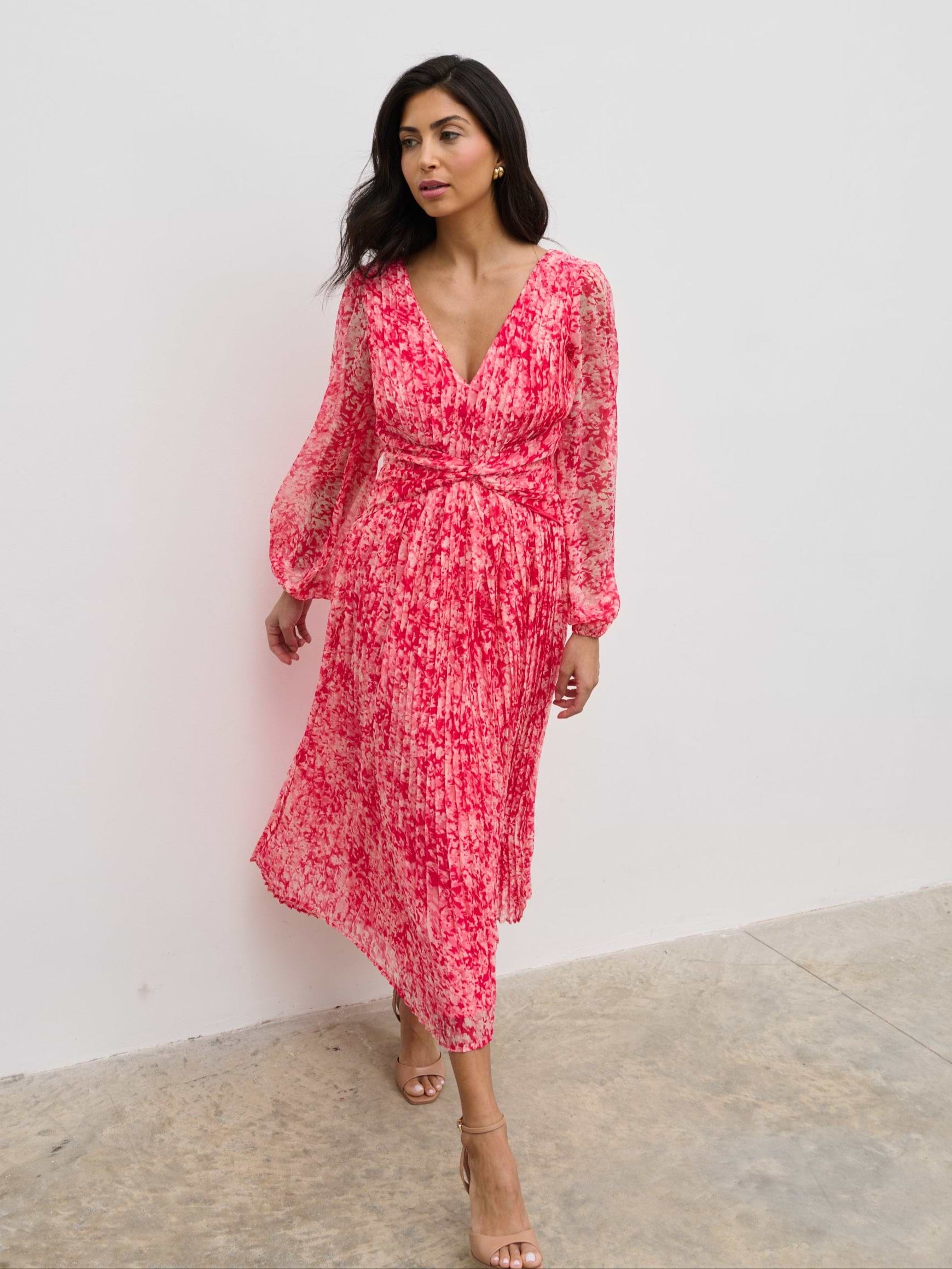 Jade Pleated Midaxi Dress - Pink Multi Abstract Print