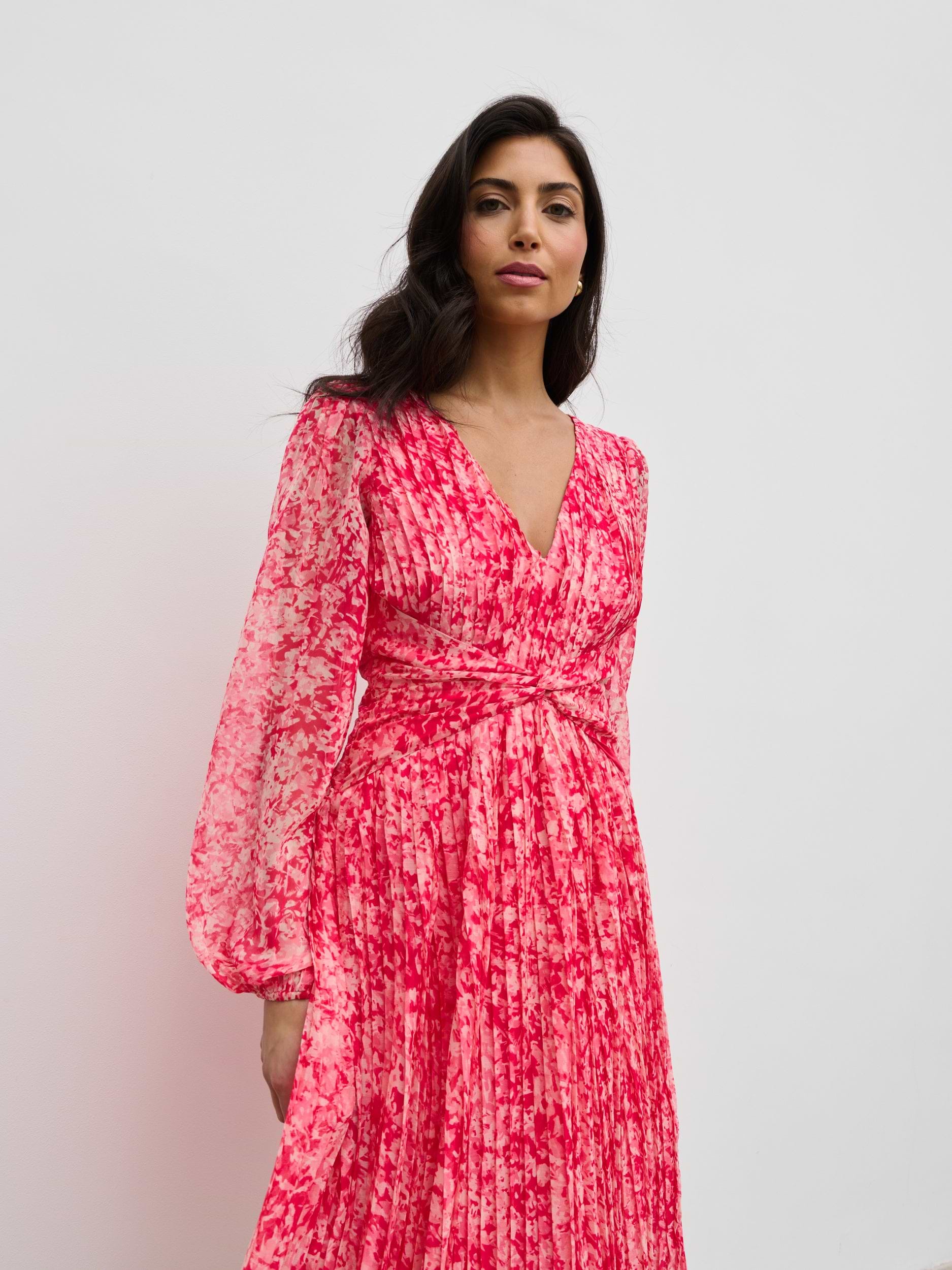 Jade Pleated Midaxi Dress - Pink Multi Abstract Print