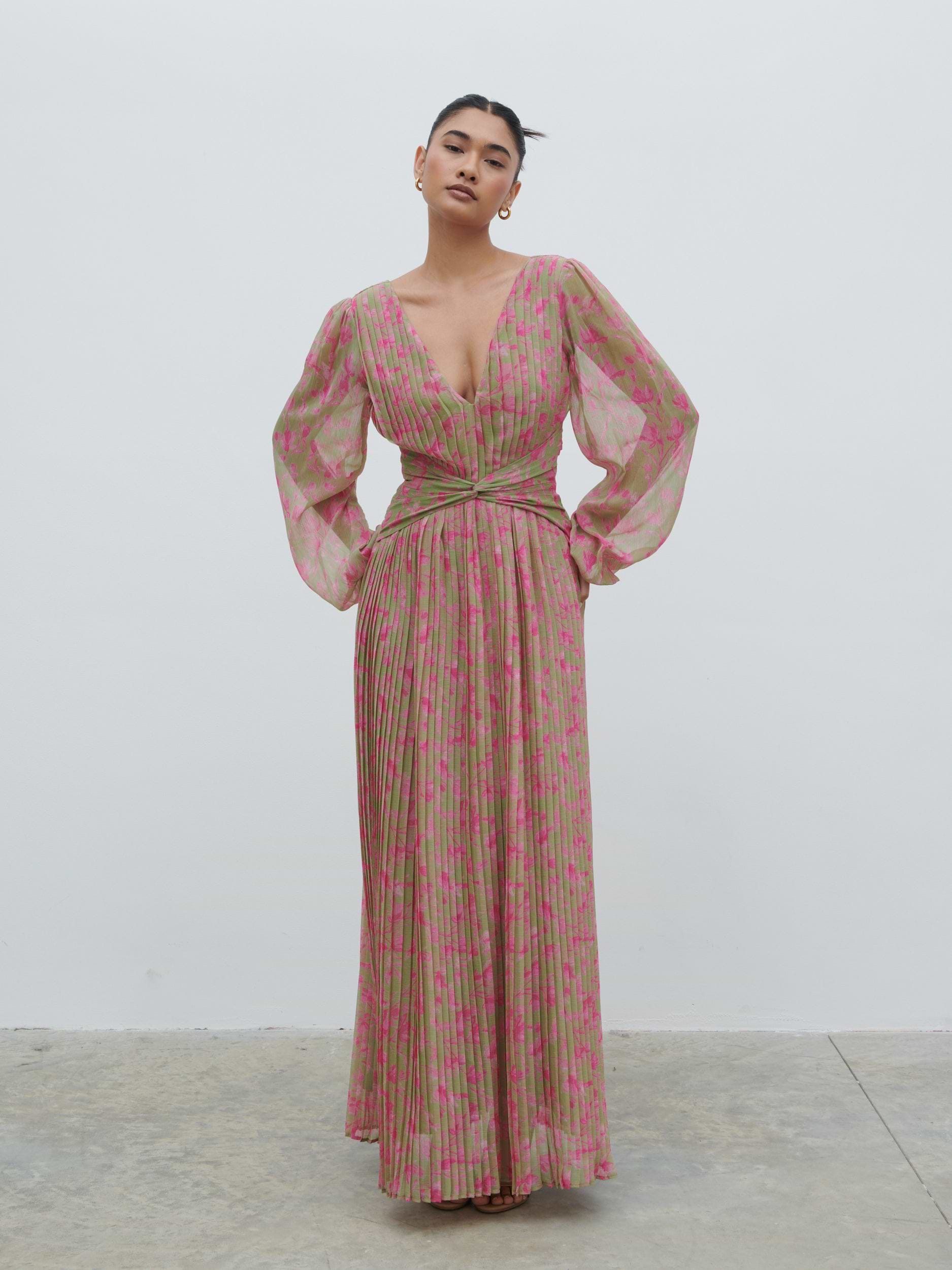 Jade Pleated Maxi Dress - Olive and Fuchsia Petal Floral