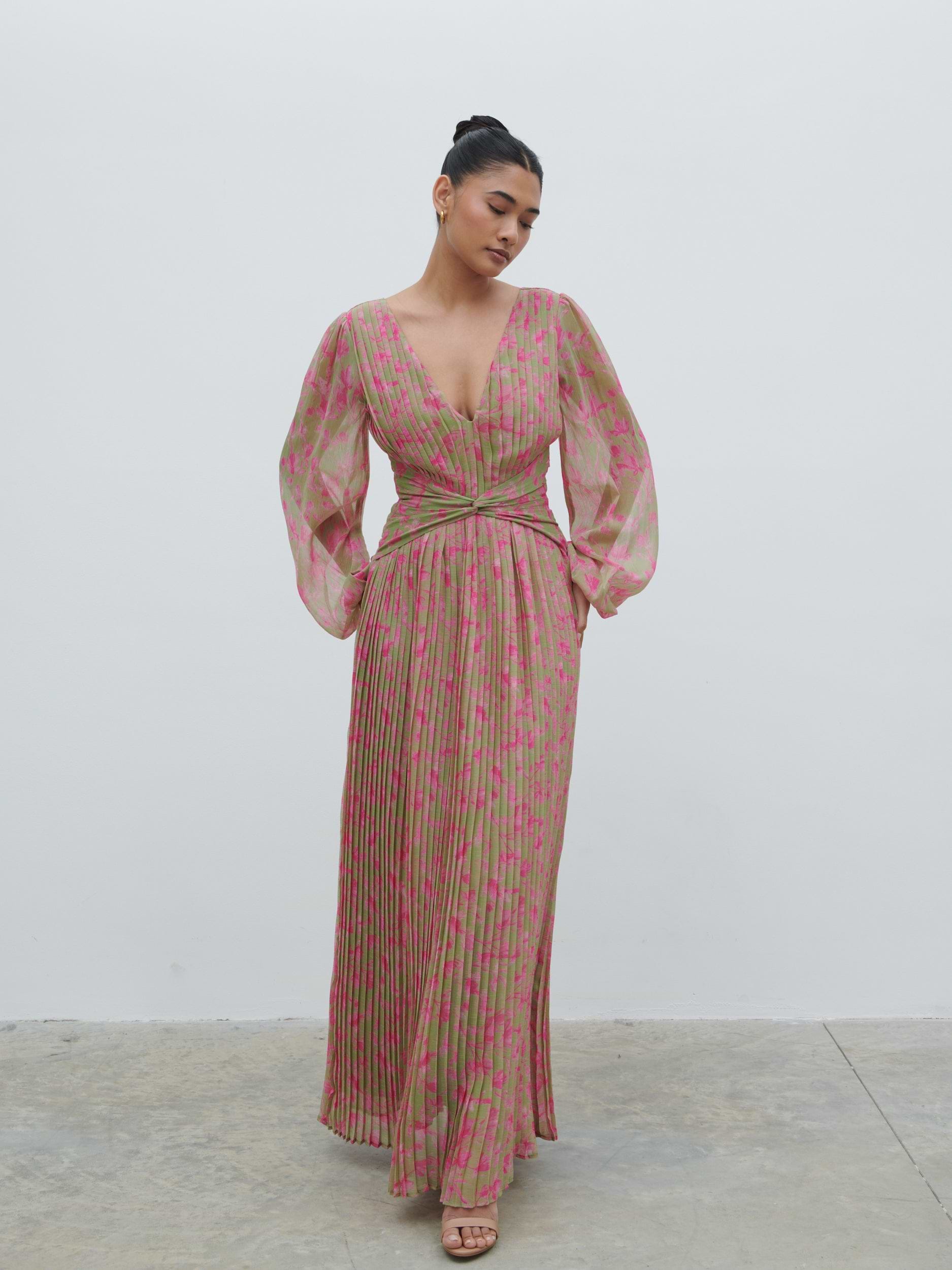 Jade Pleated Maxi Dress - Olive and Fuchsia Petal Floral