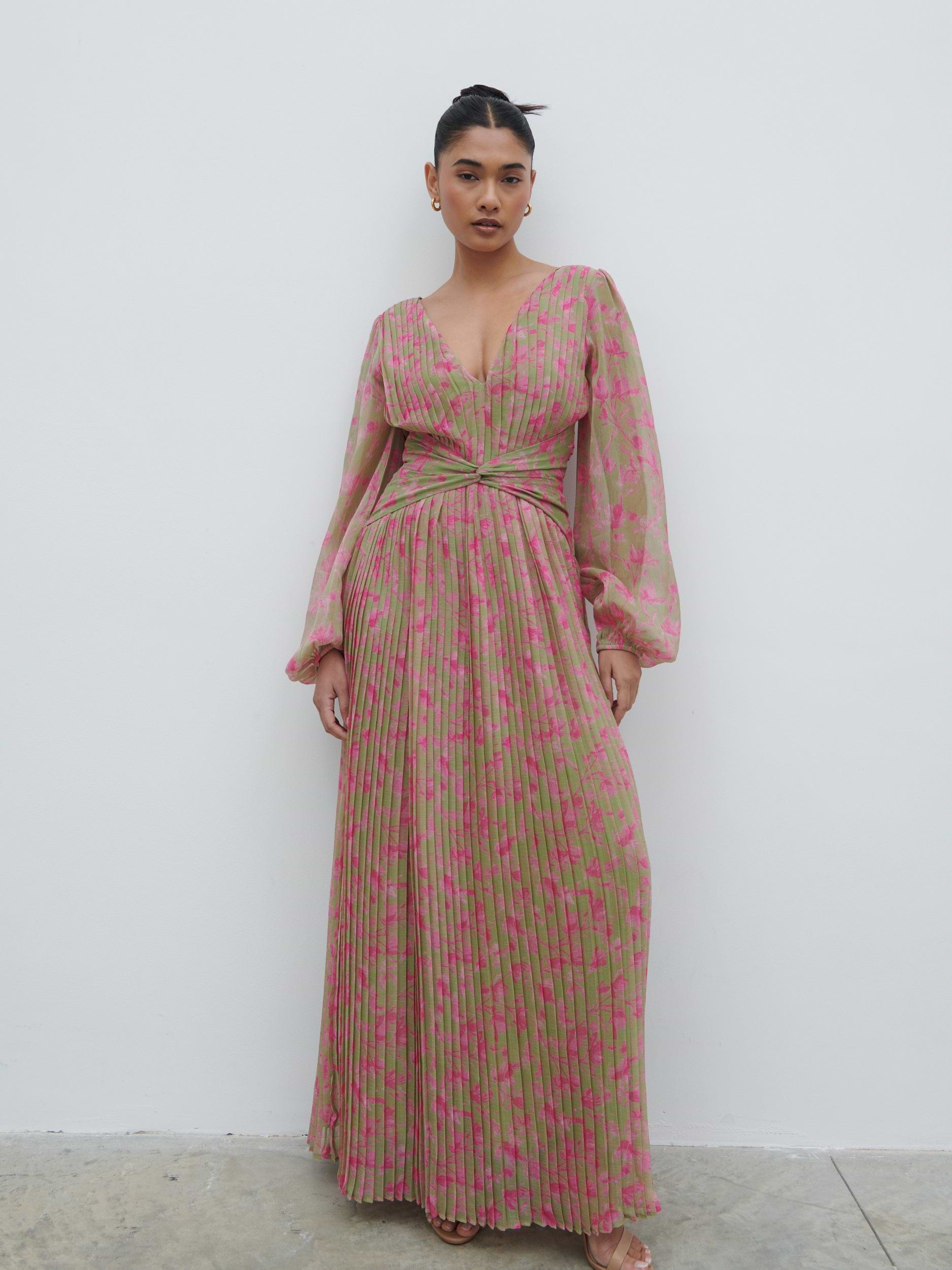 Jade Pleated Maxi Dress - Olive and Fuchsia Petal Floral