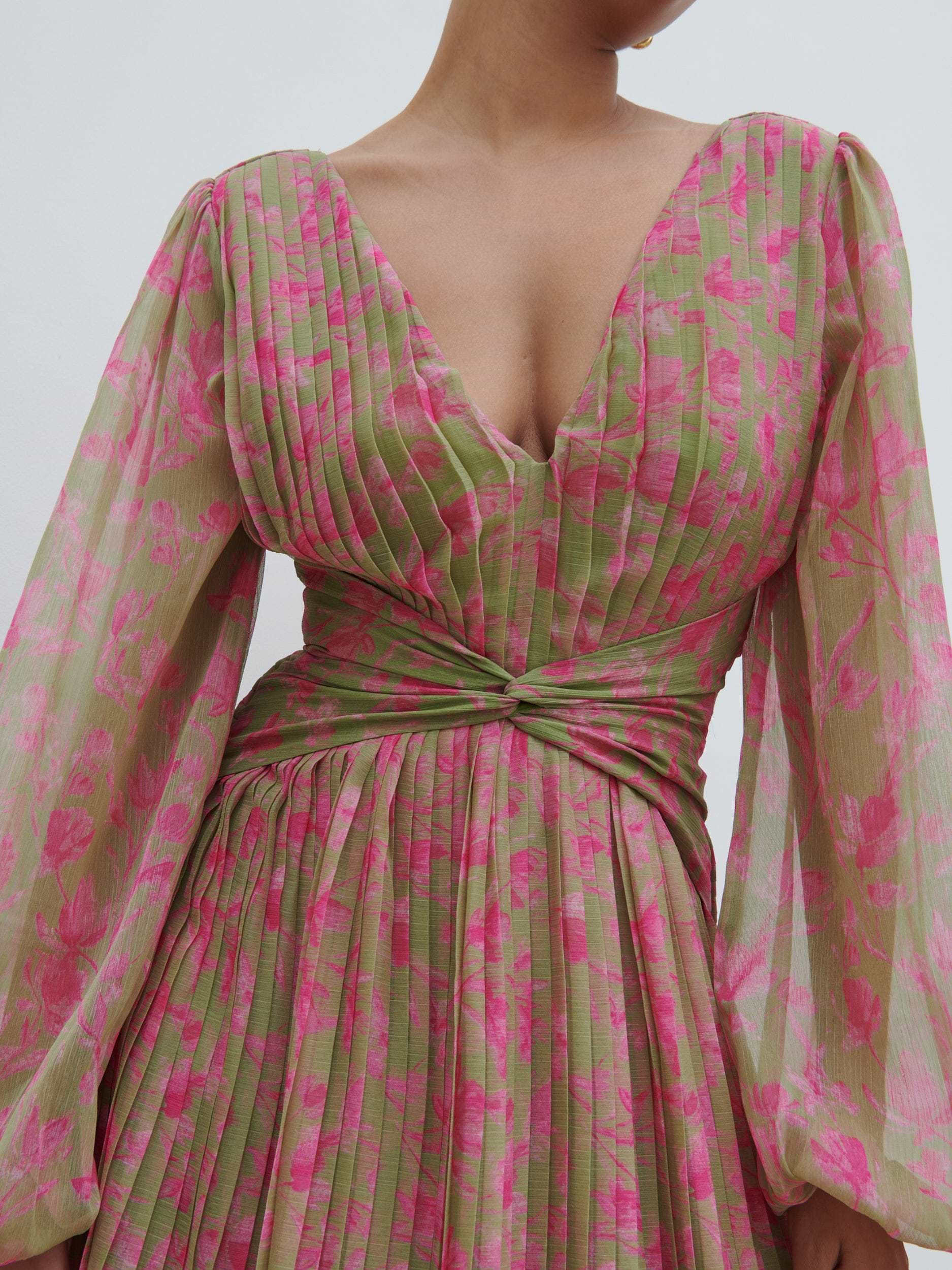 Jade Pleated Maxi Dress - Olive and Fuchsia Petal Floral