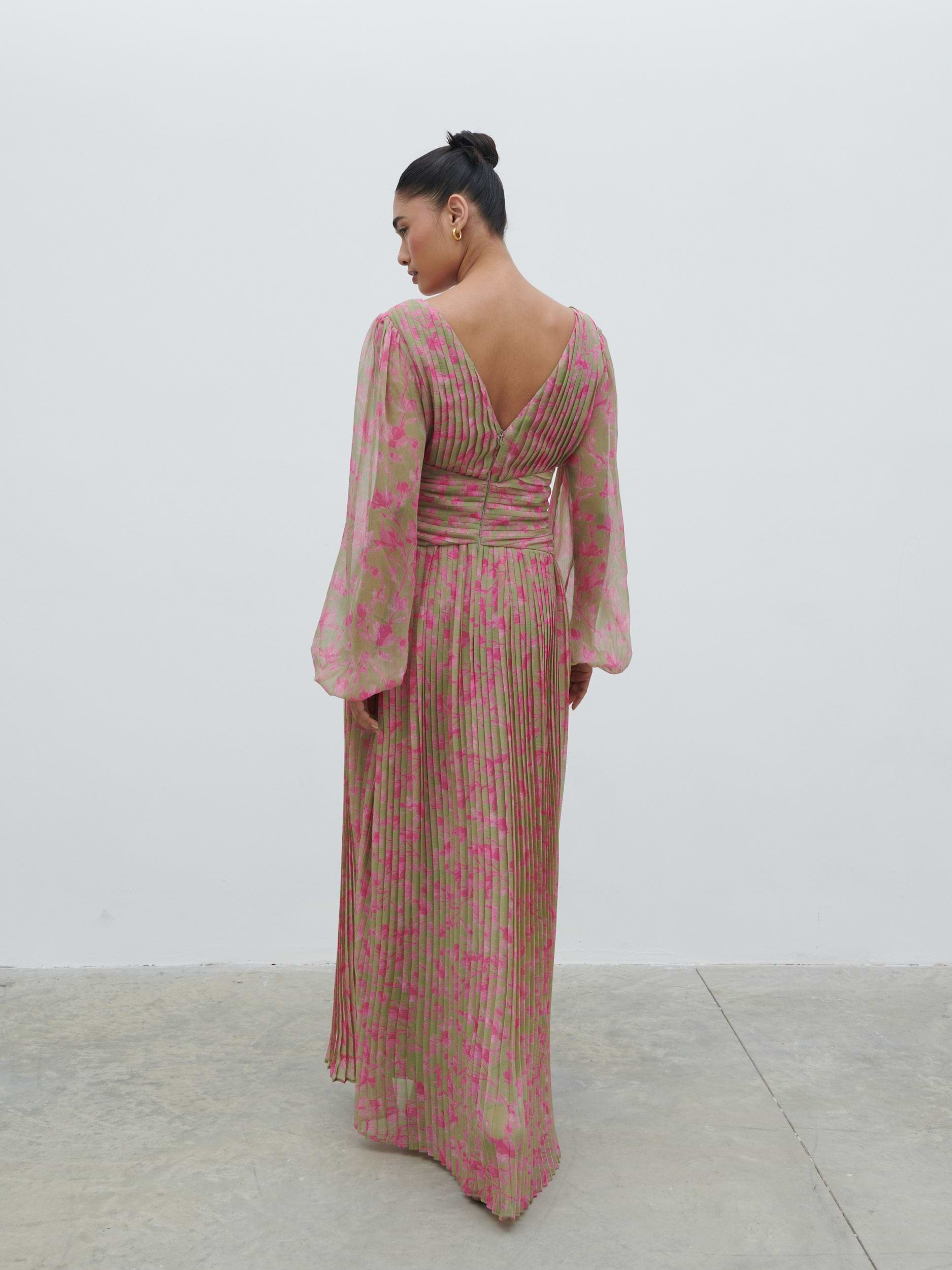 Jade Pleated Maxi Dress - Olive and Fuchsia Petal Floral