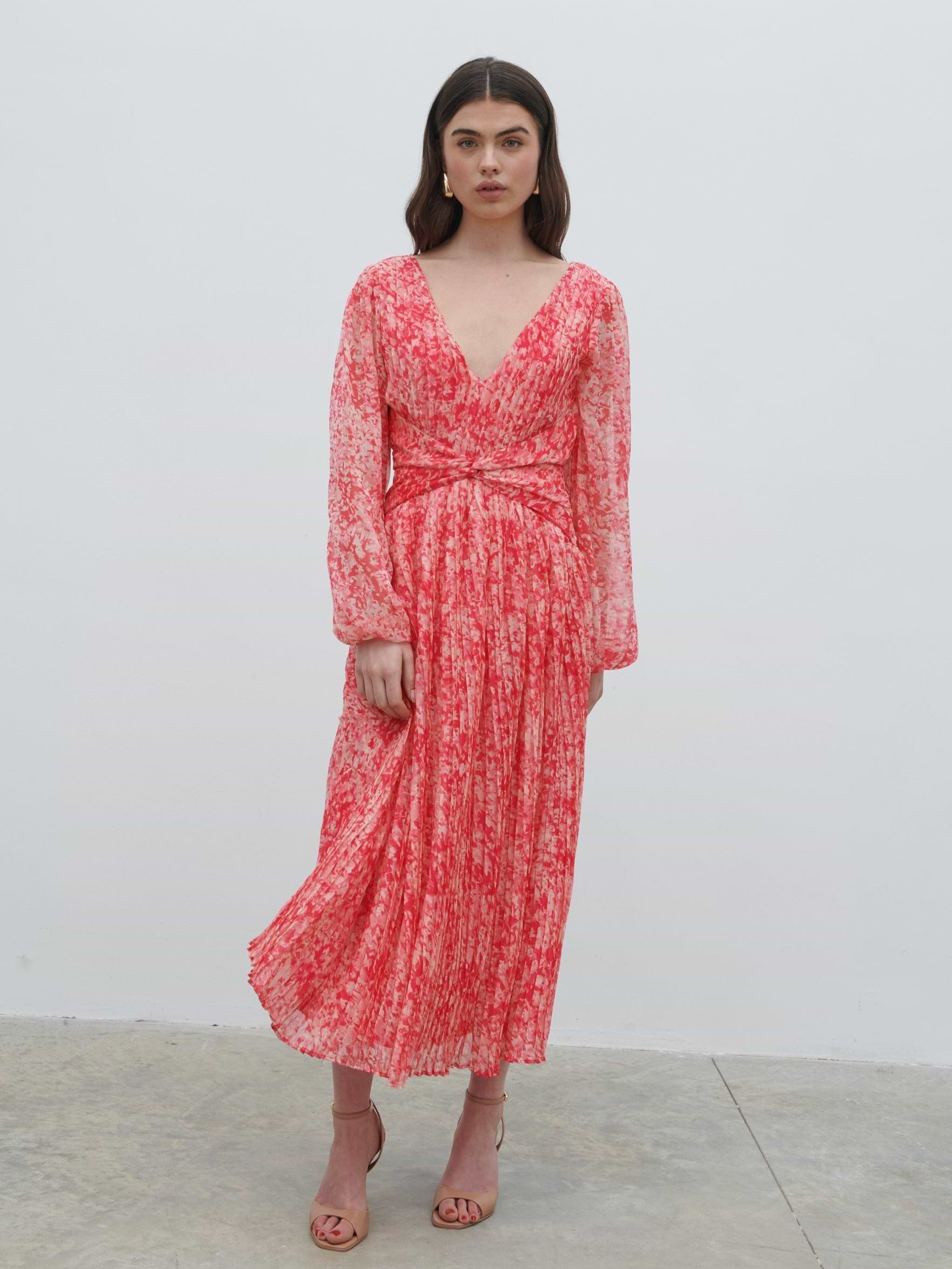 Jade Pleated Midaxi Dress - Pink Multi Abstract Print
