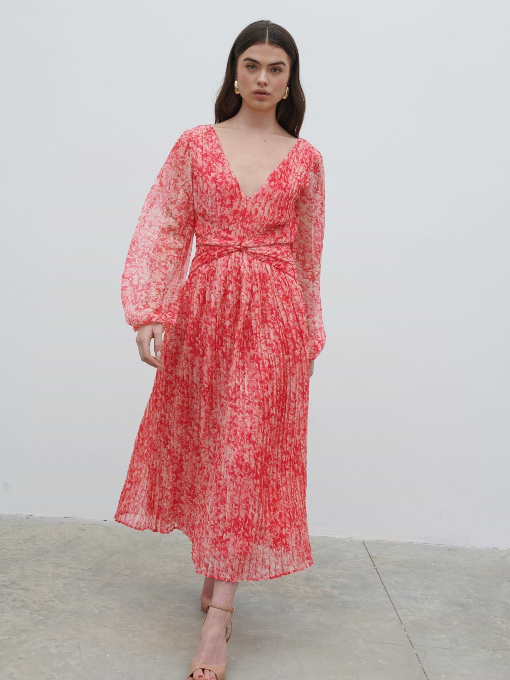 Jade Pleated Midaxi Dress - Pink Multi Abstract Print