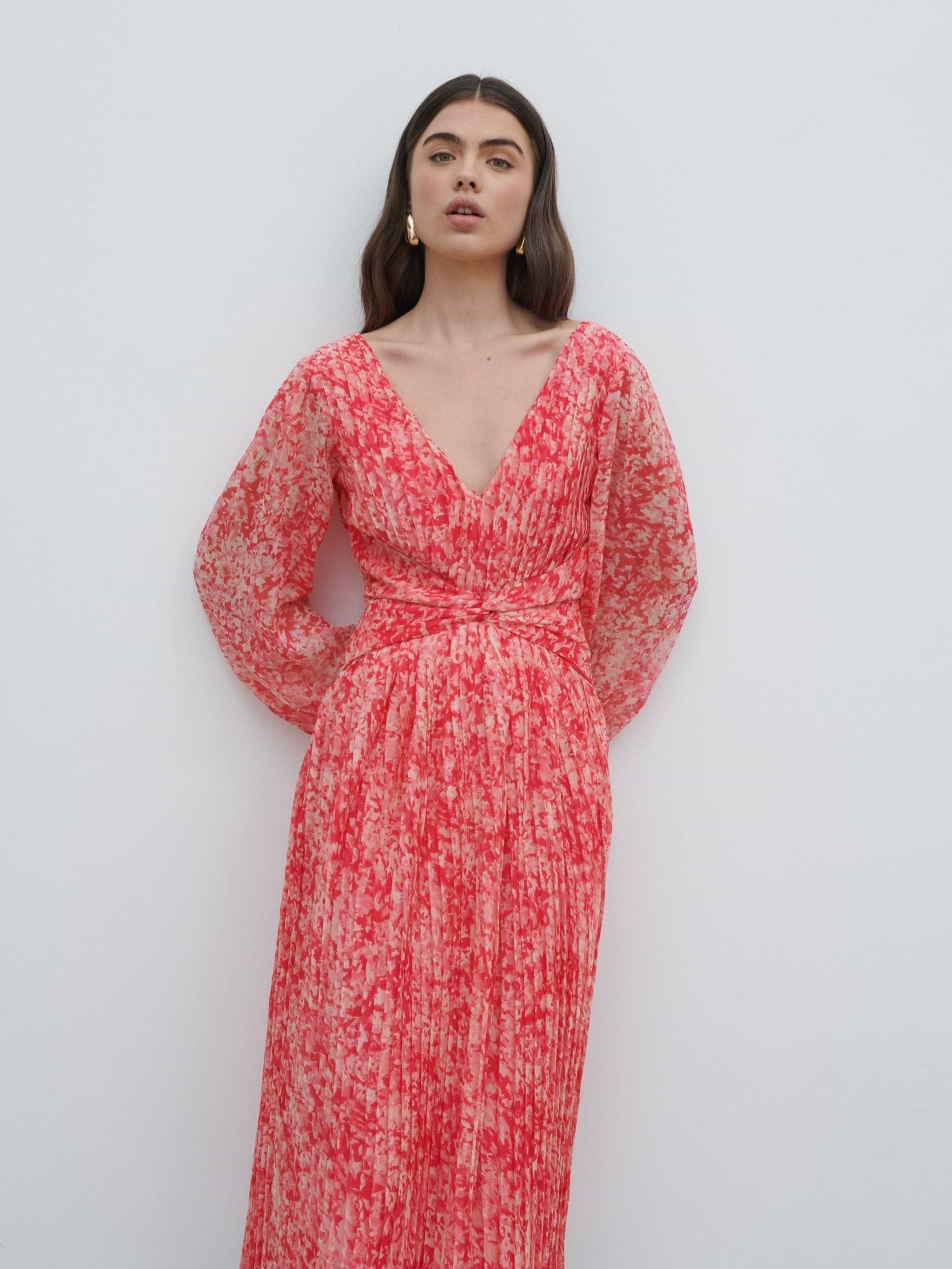 Jade Pleated Midaxi Dress - Pink Multi Abstract Print