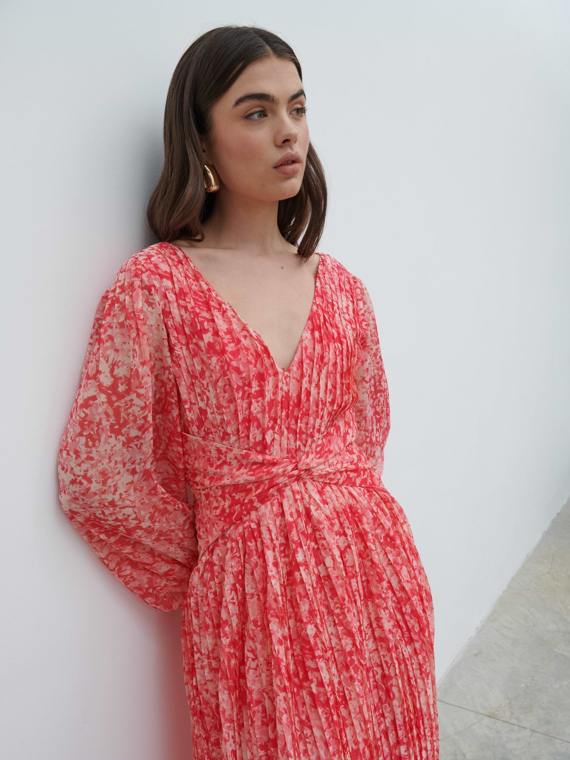 Jade Pleated Midaxi Dress - Pink Multi Abstract Print