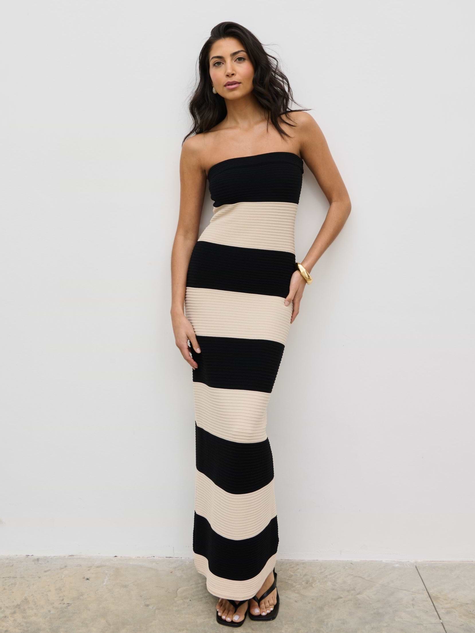 Jamie Bandeau Stripe Crotchet Knit Maxi Dress - Black and Cream