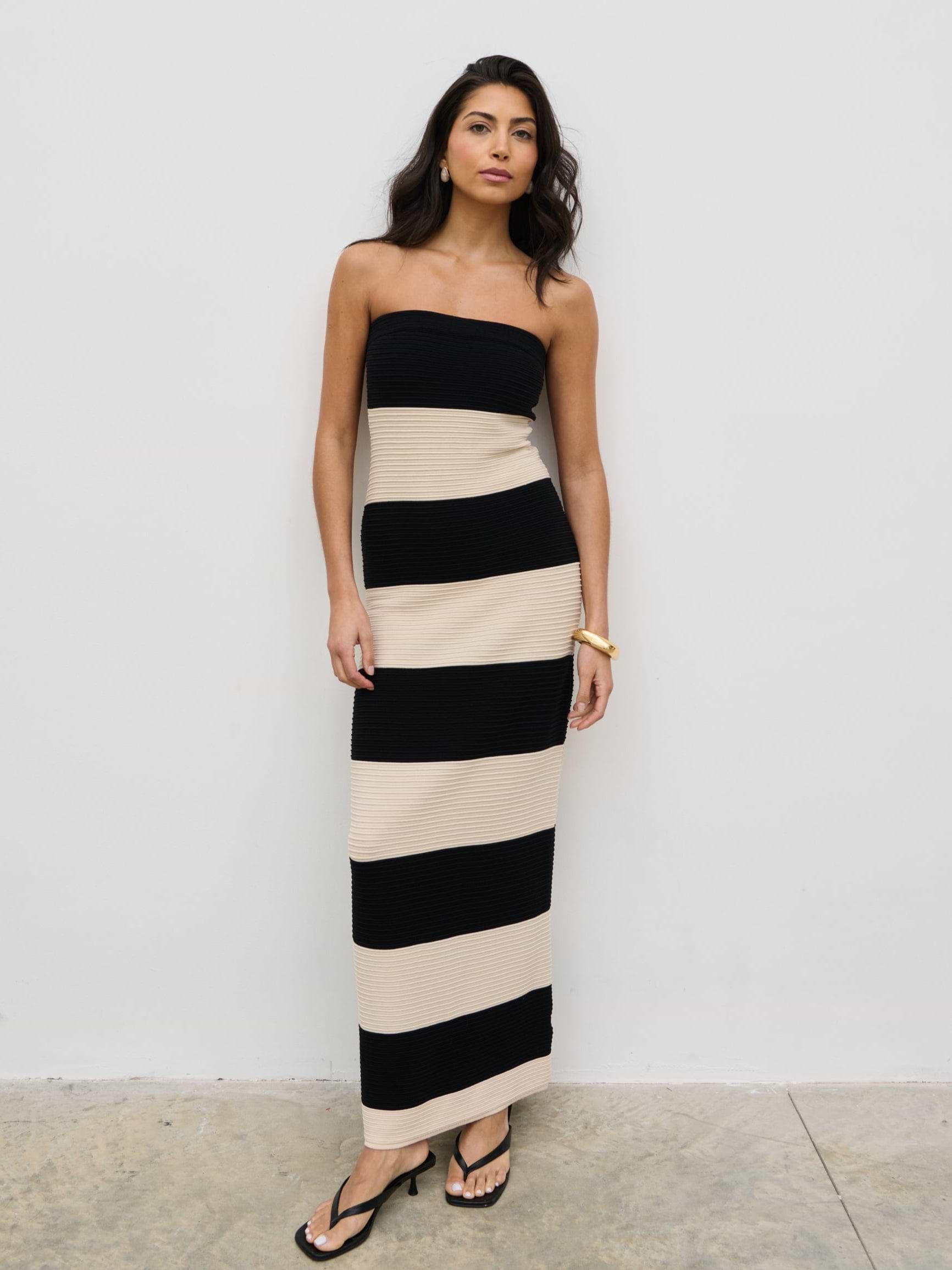 Jamie Bandeau Stripe Crotchet Knit Maxi Dress - Black and Cream