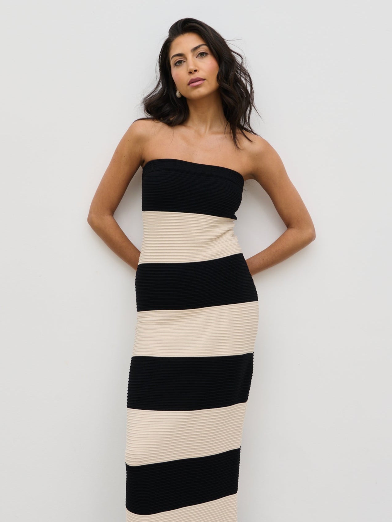 Jamie Bandeau Stripe Crotchet Knit Maxi Dress - Black and Cream