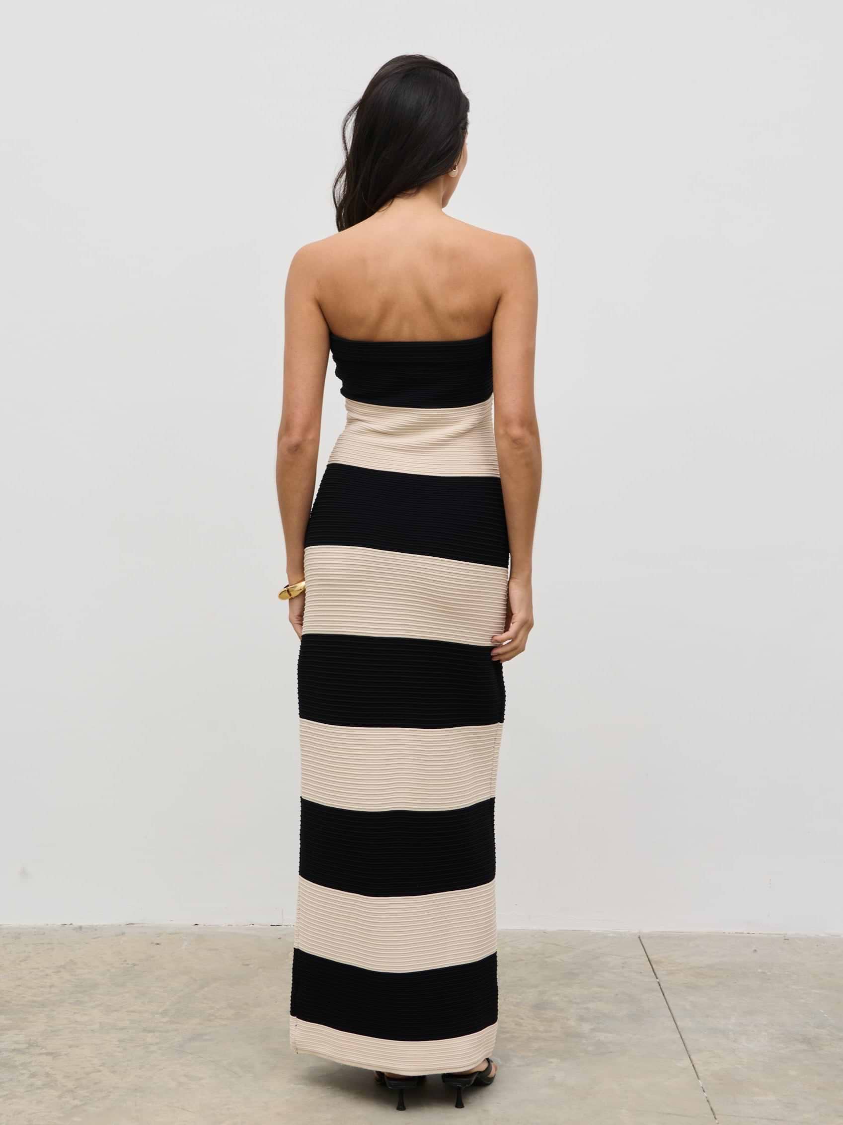Jamie Bandeau Stripe Crotchet Knit Maxi Dress - Black and Cream