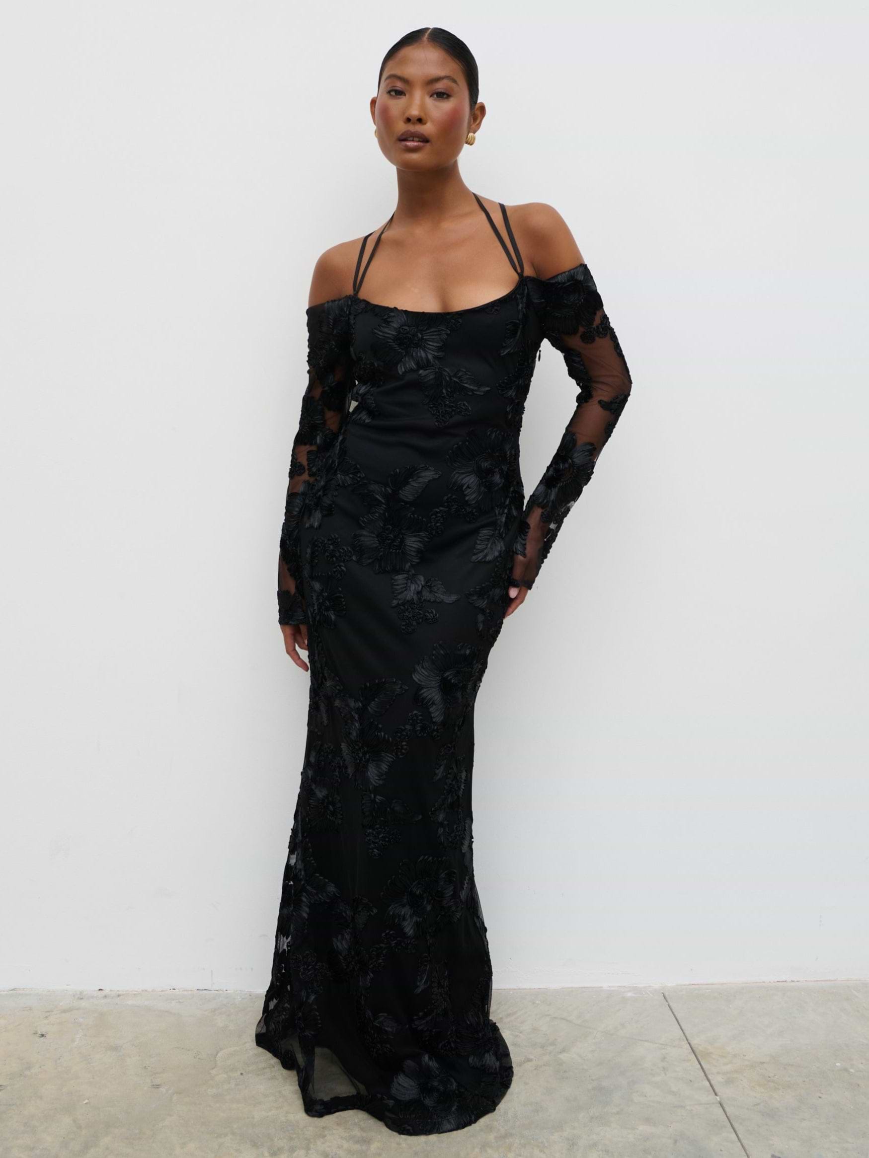 Jamila Cold Shoulder Maxi Dress - Black Jacquard Floral