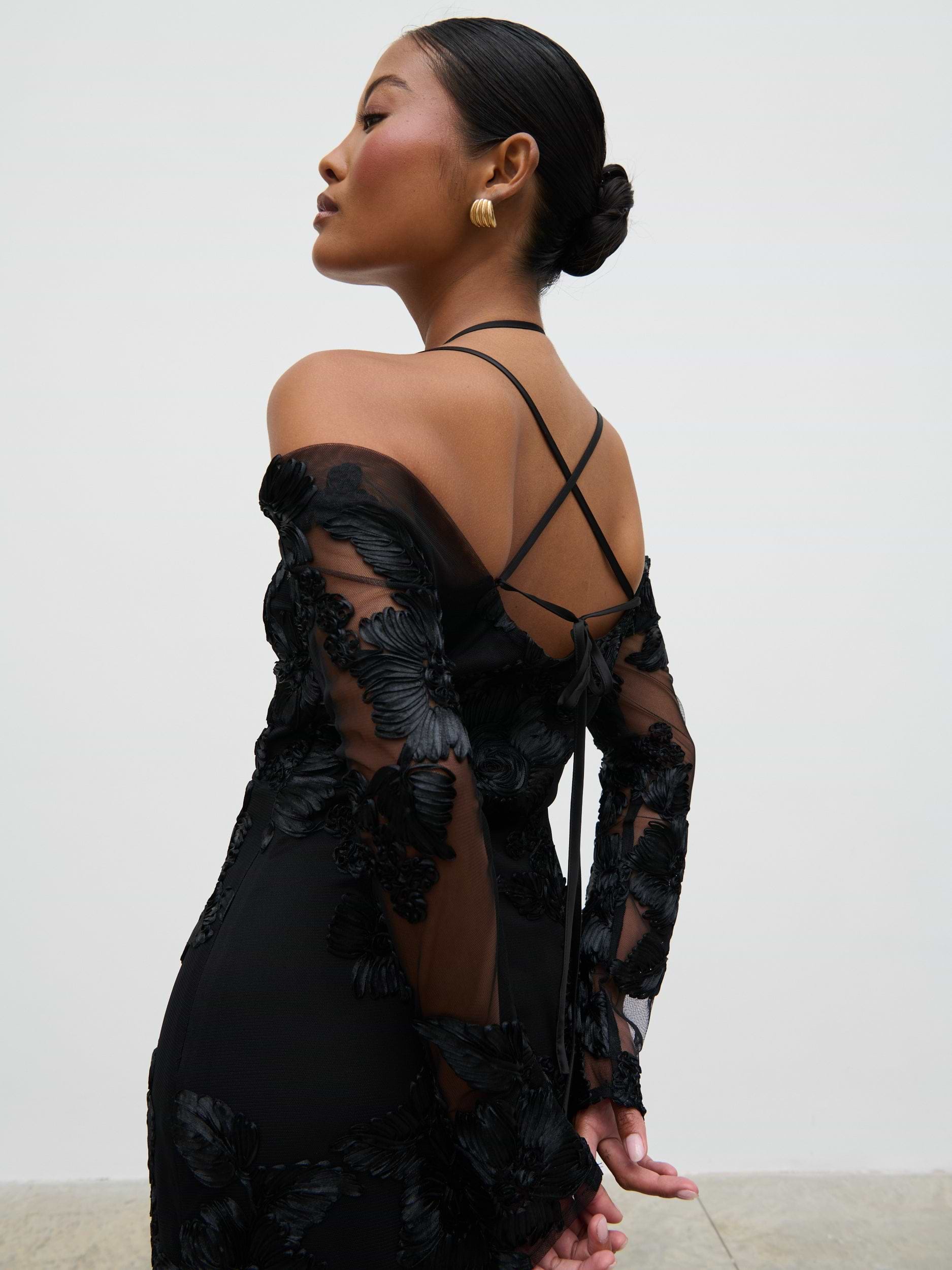 Jamila Cold Shoulder Maxi Dress - Black Jacquard Floral