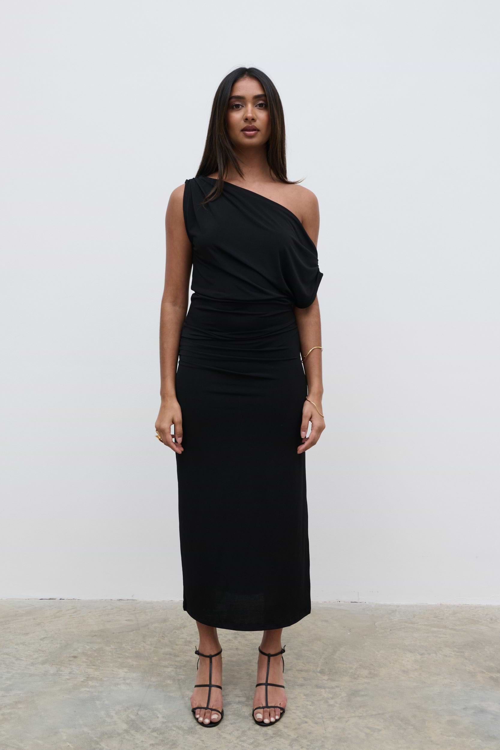Janece Asymmetric Jersey Dress - Black
