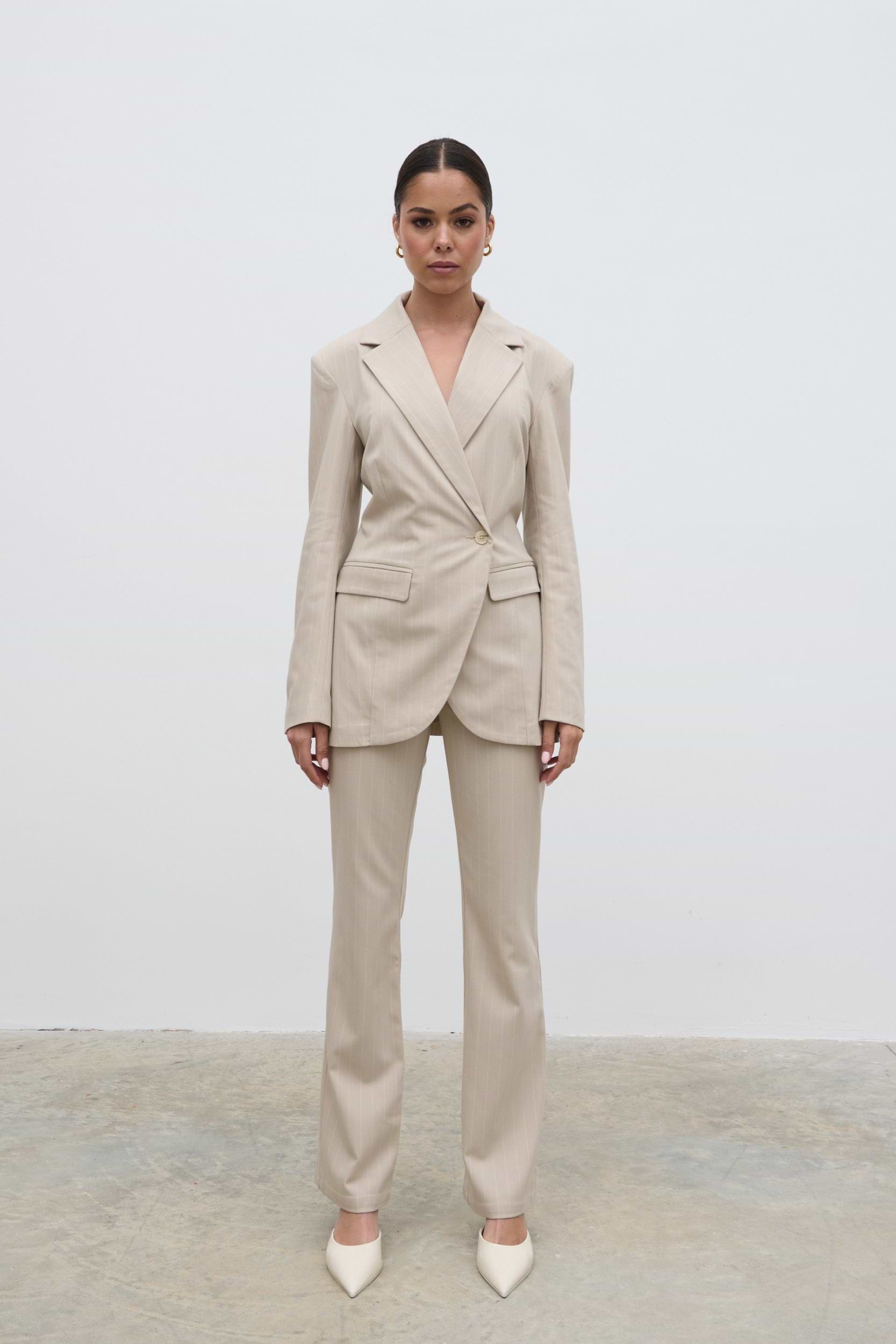 Jaycie Cinched Waist Pinstripe Blazer - Chalk and White Stripe