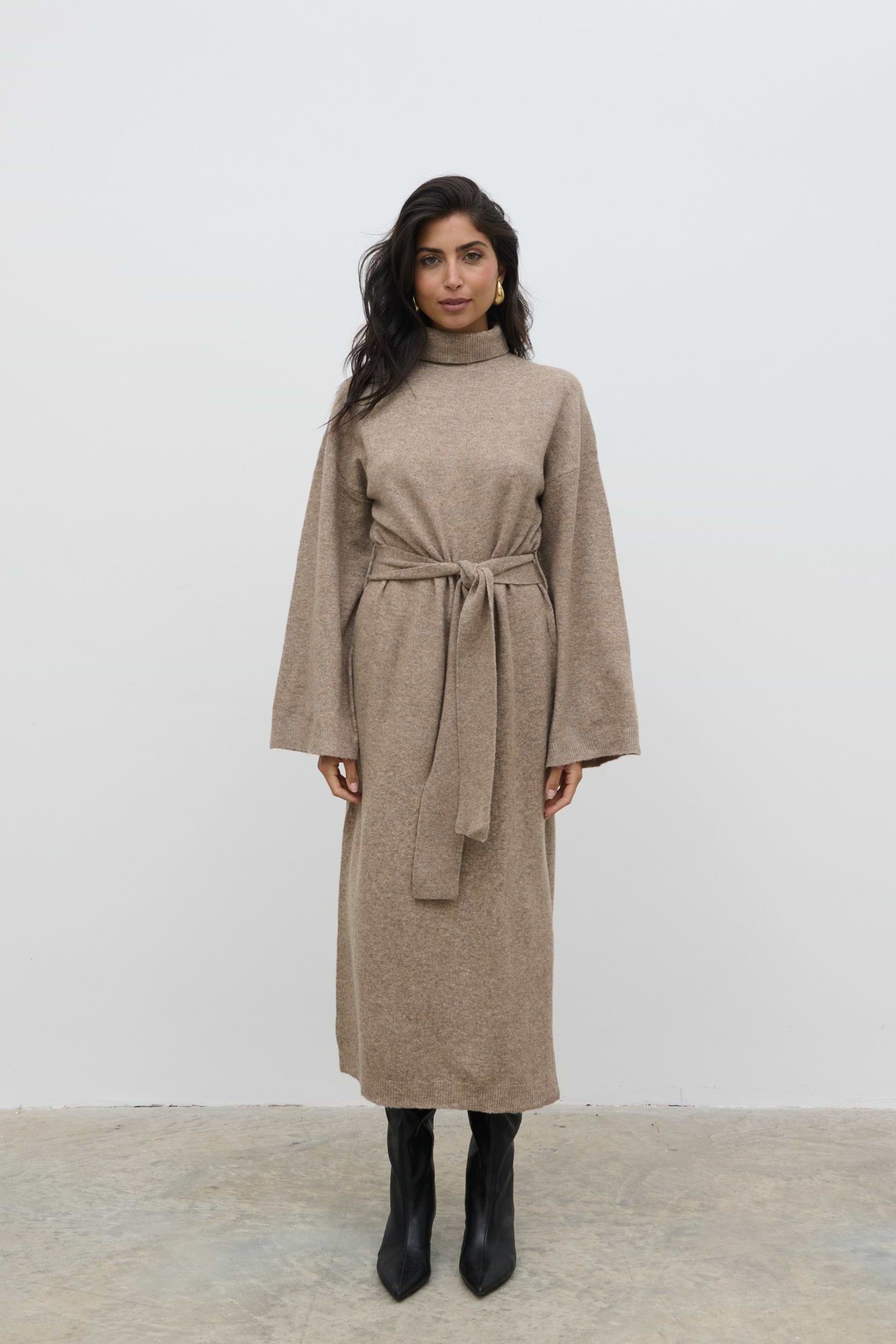 Jayda Knit Roll Neck Midaxi Dress - Taupe