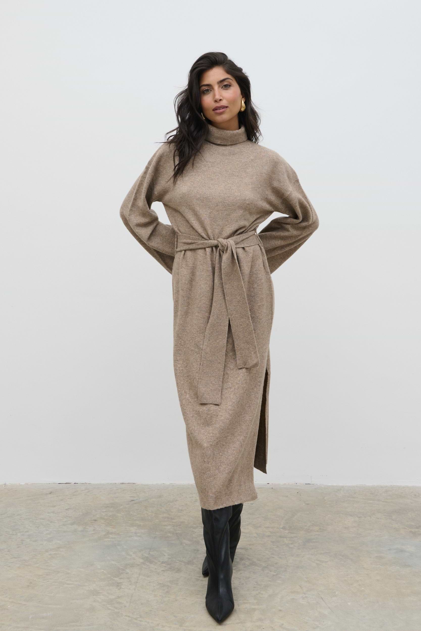 Jayda Knit Roll Neck Midaxi Dress - Taupe