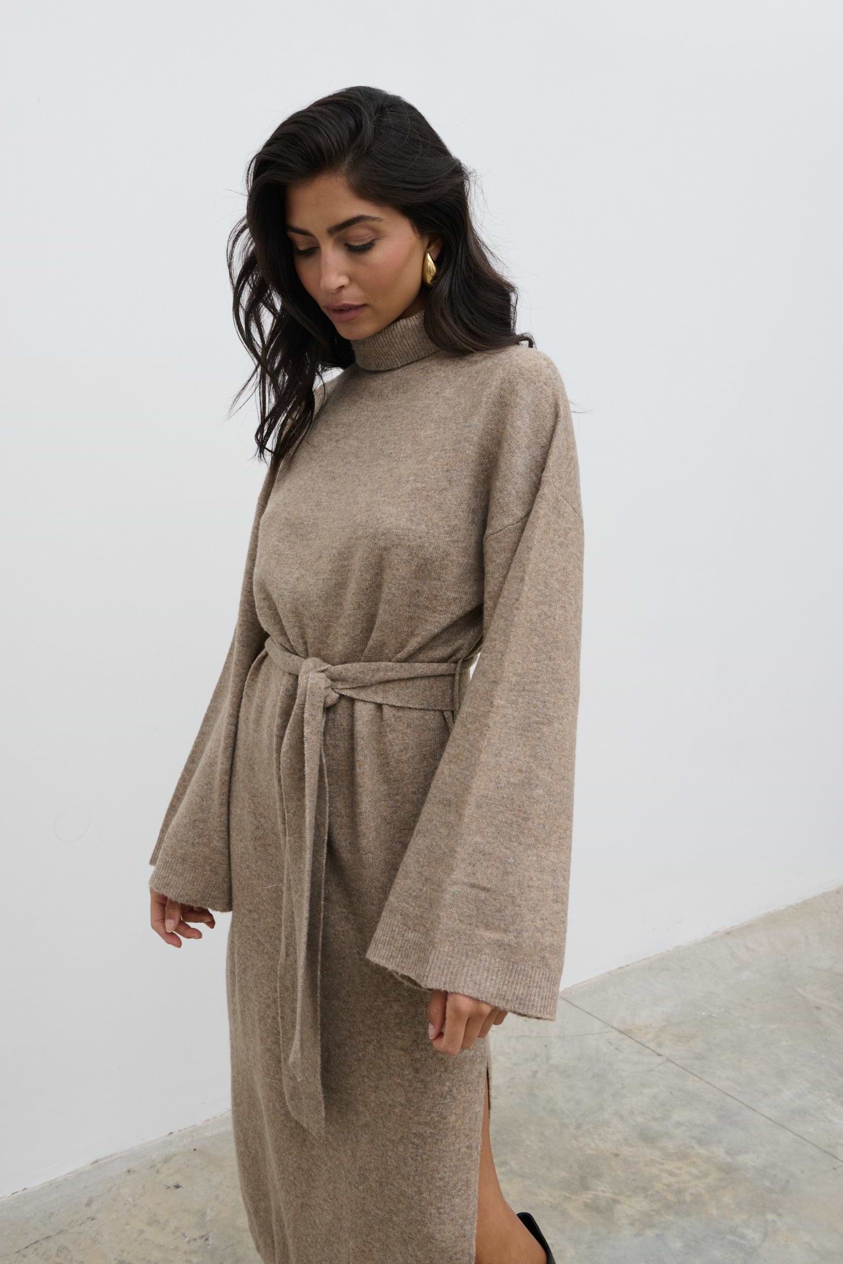 Jayda Knit Roll Neck Midaxi Dress - Taupe