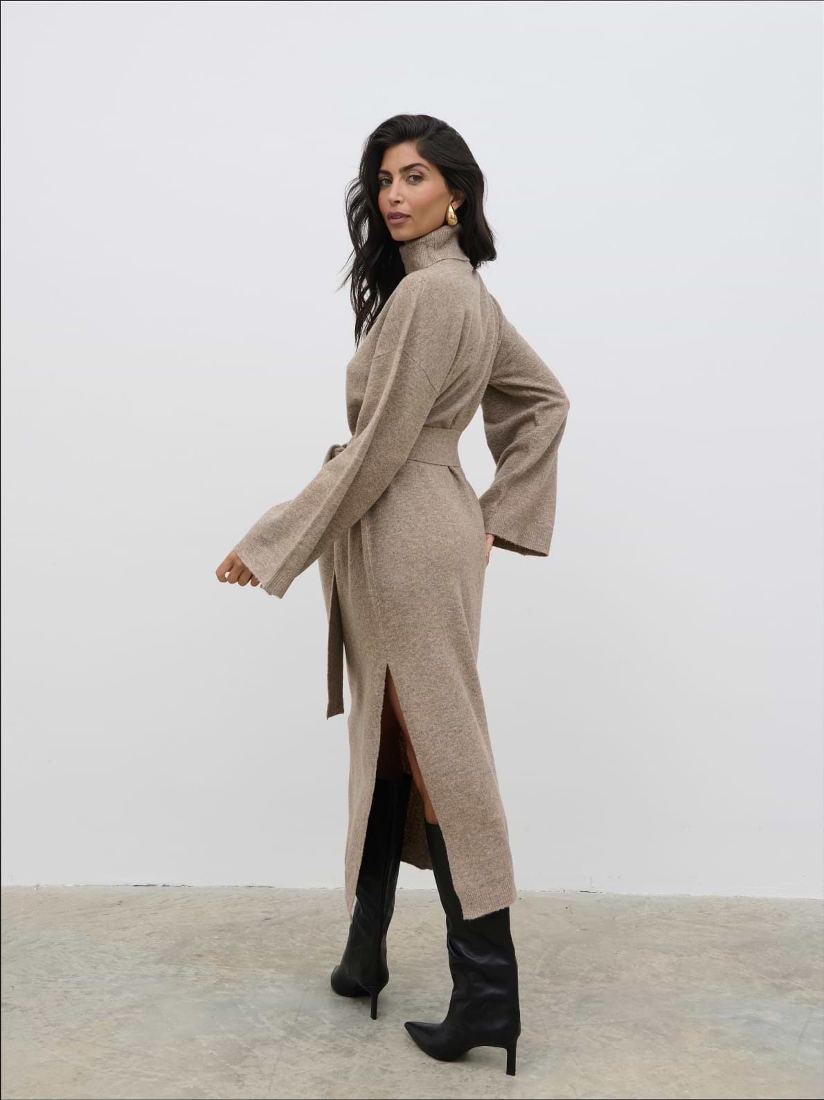 Jayda Knit Roll Neck Midaxi Dress - Taupe
