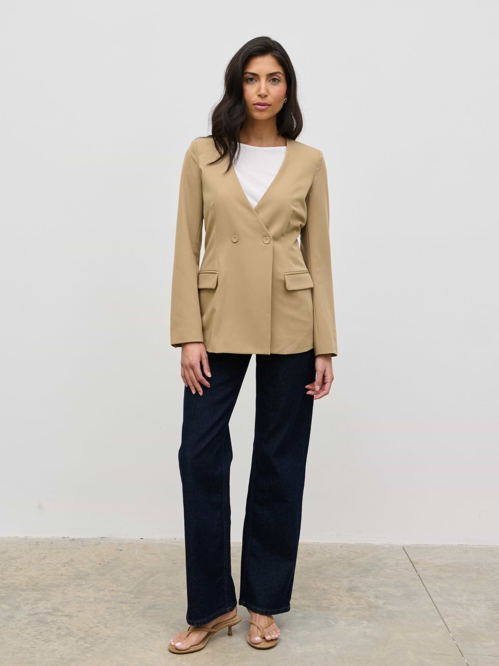 Jean Collarless Blazer - Camel Beige