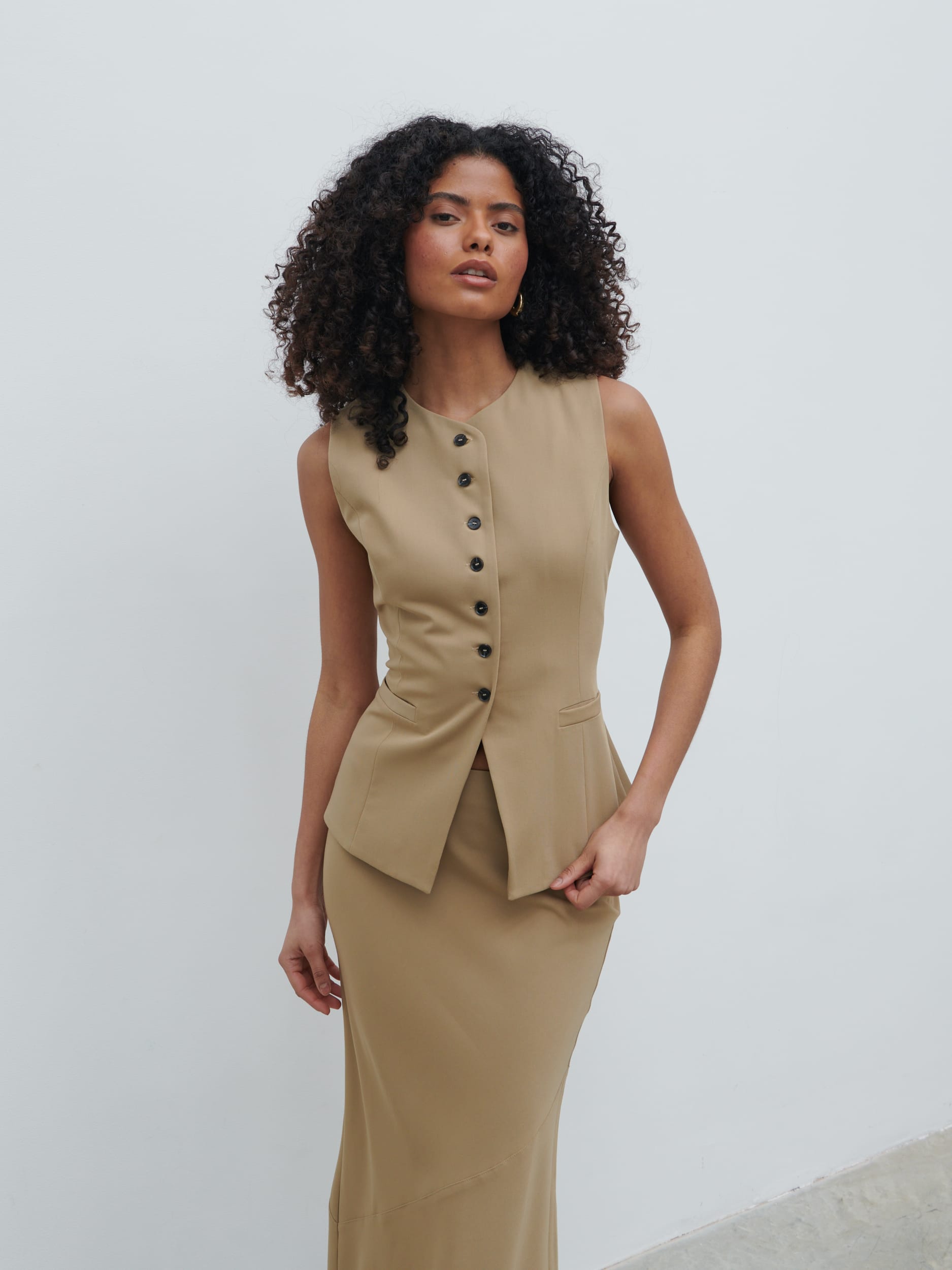 Jean Buttoned Down Waistcoat - Camel Beige